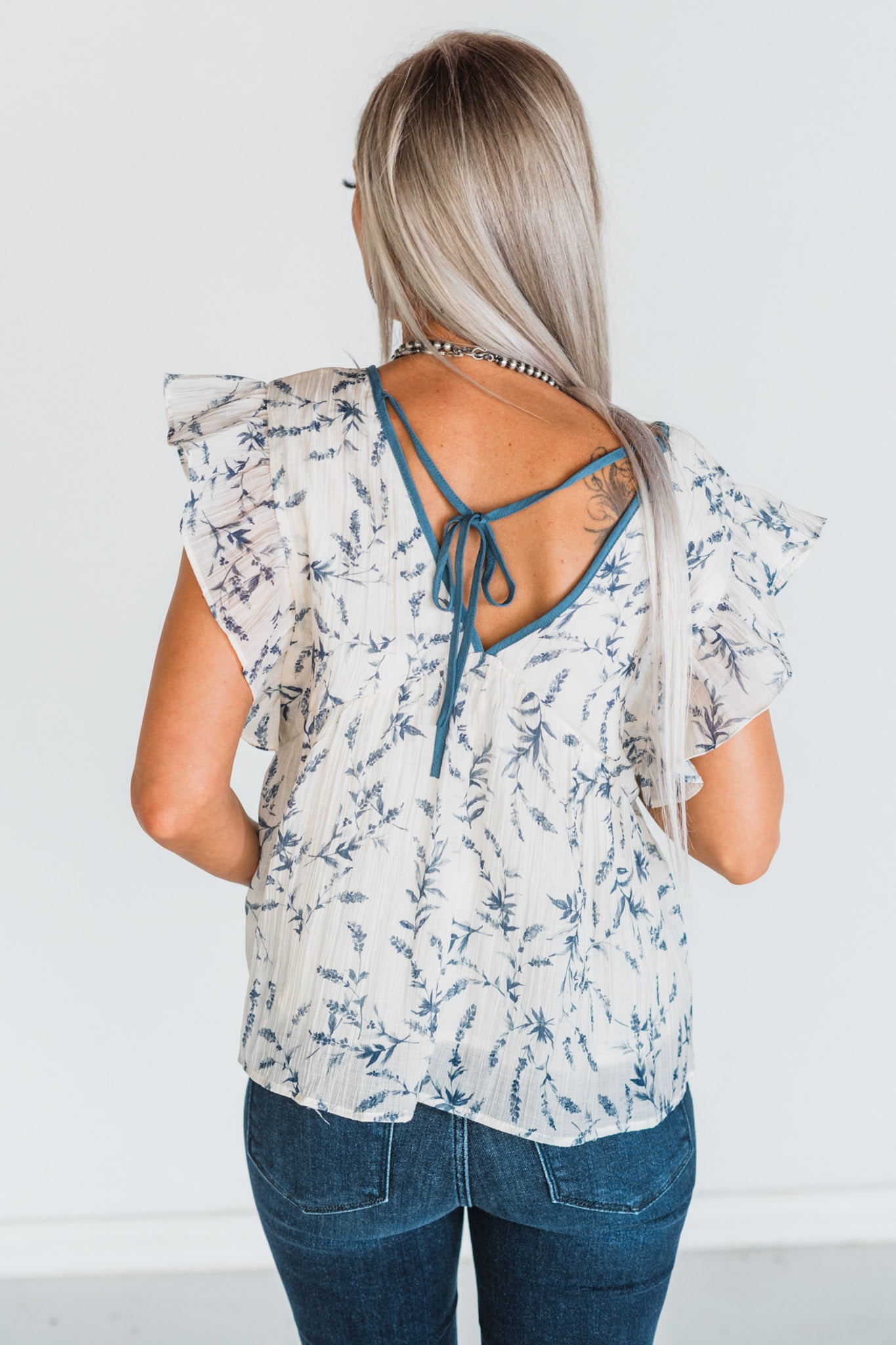 Cream and Blue Floral Print Flutter Sleeve Top