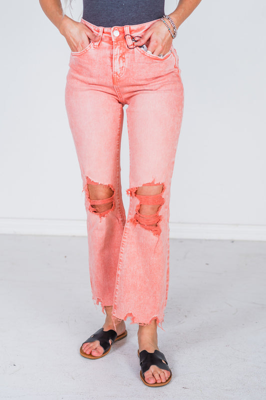 Mica Ash Pink High-Rise Vintage Distressed Cropped Flare Jeans