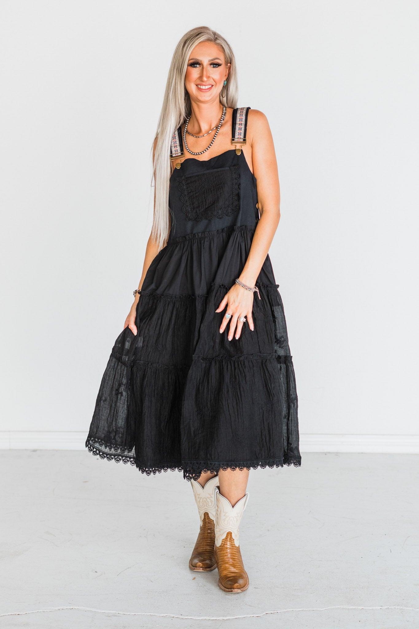 Black Embroidered Lace Pinafore Dress