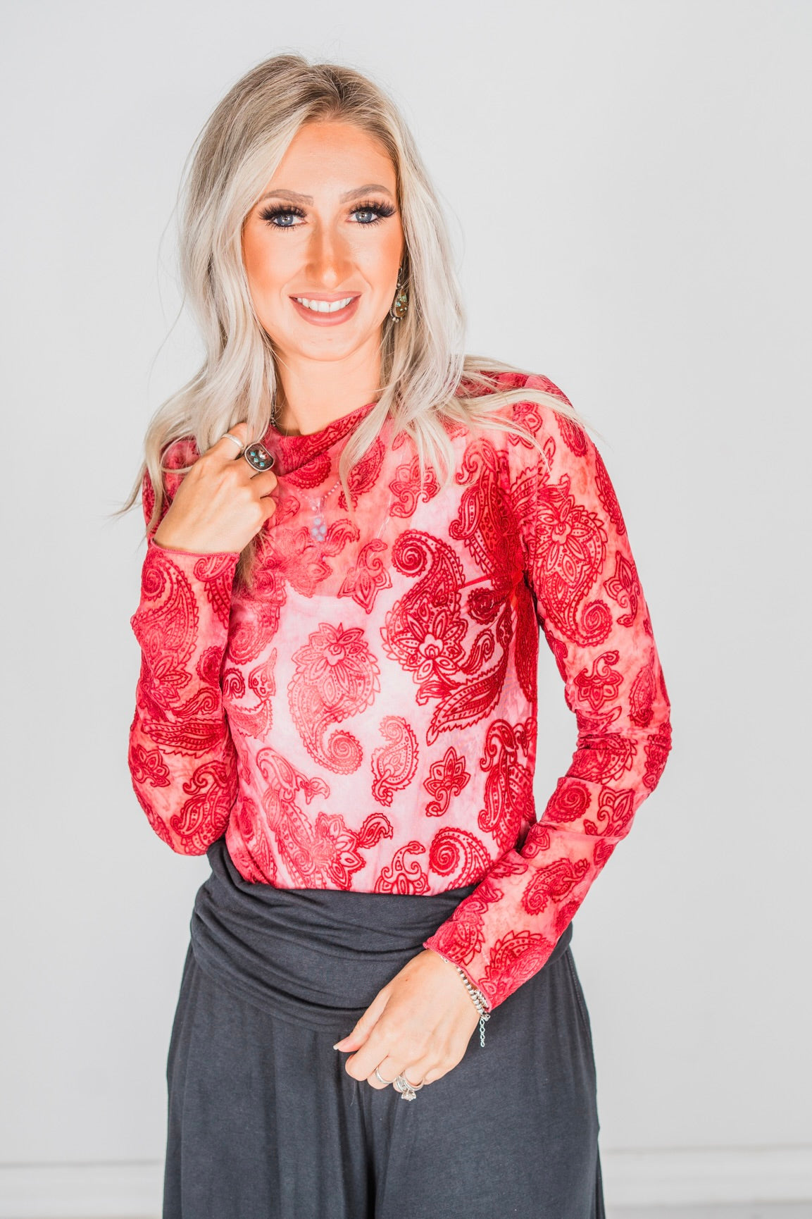 Wine Paisley Mesh Layering Top