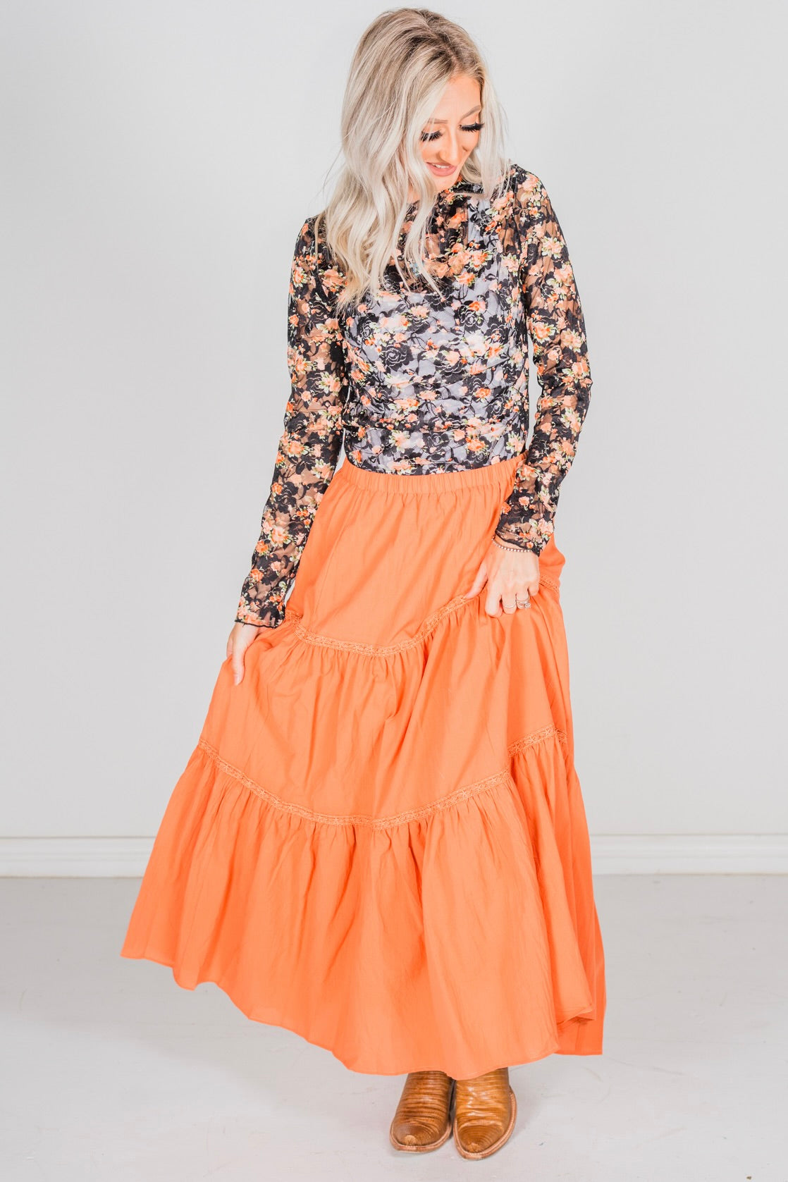 Apricot Lace Trimmed Long Elastic Waist Skirt
