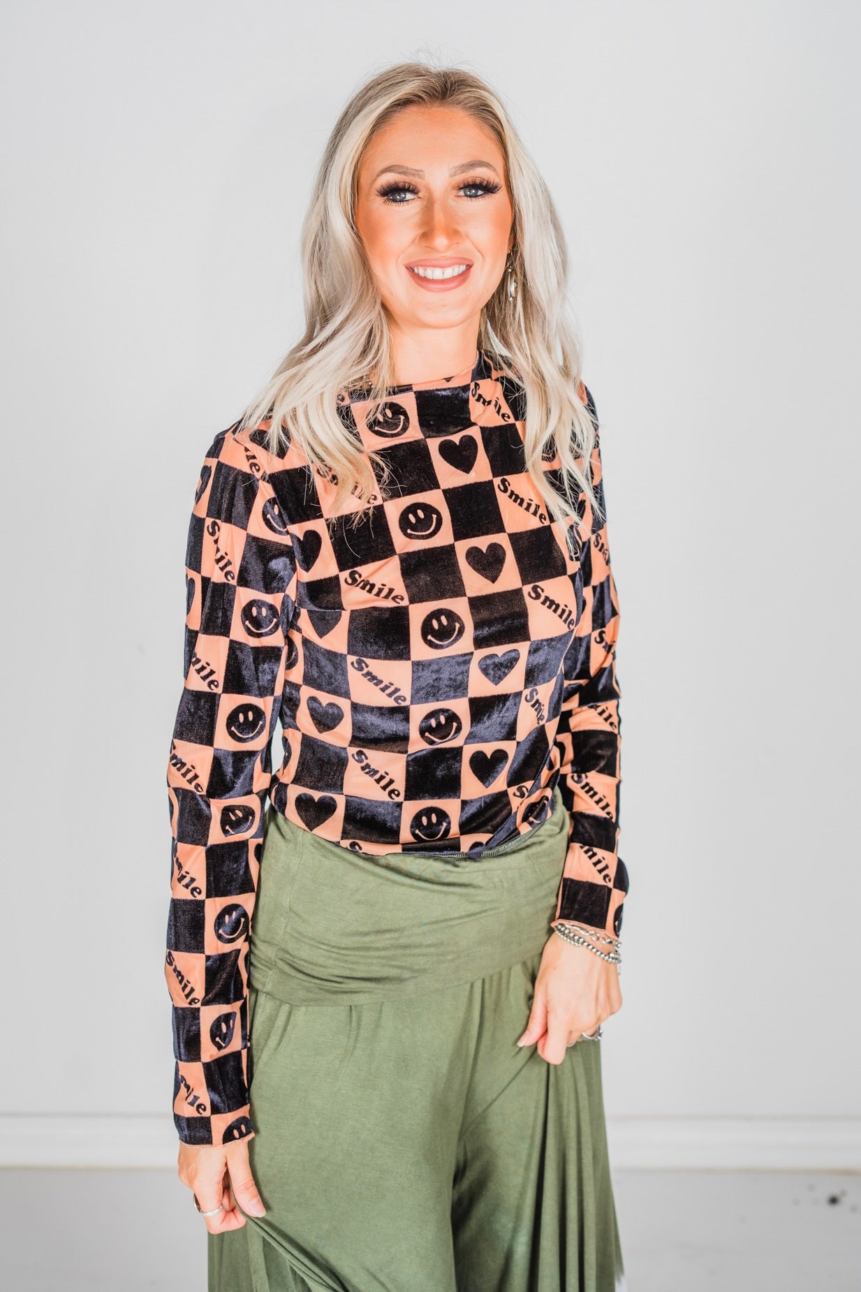 Black and Brown Smiley Checkered Mesh Layering Top - Whiskey Skies