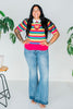 Rainbow Stripe Crop Puff Sleeve Sweater W/ Heart Cutout