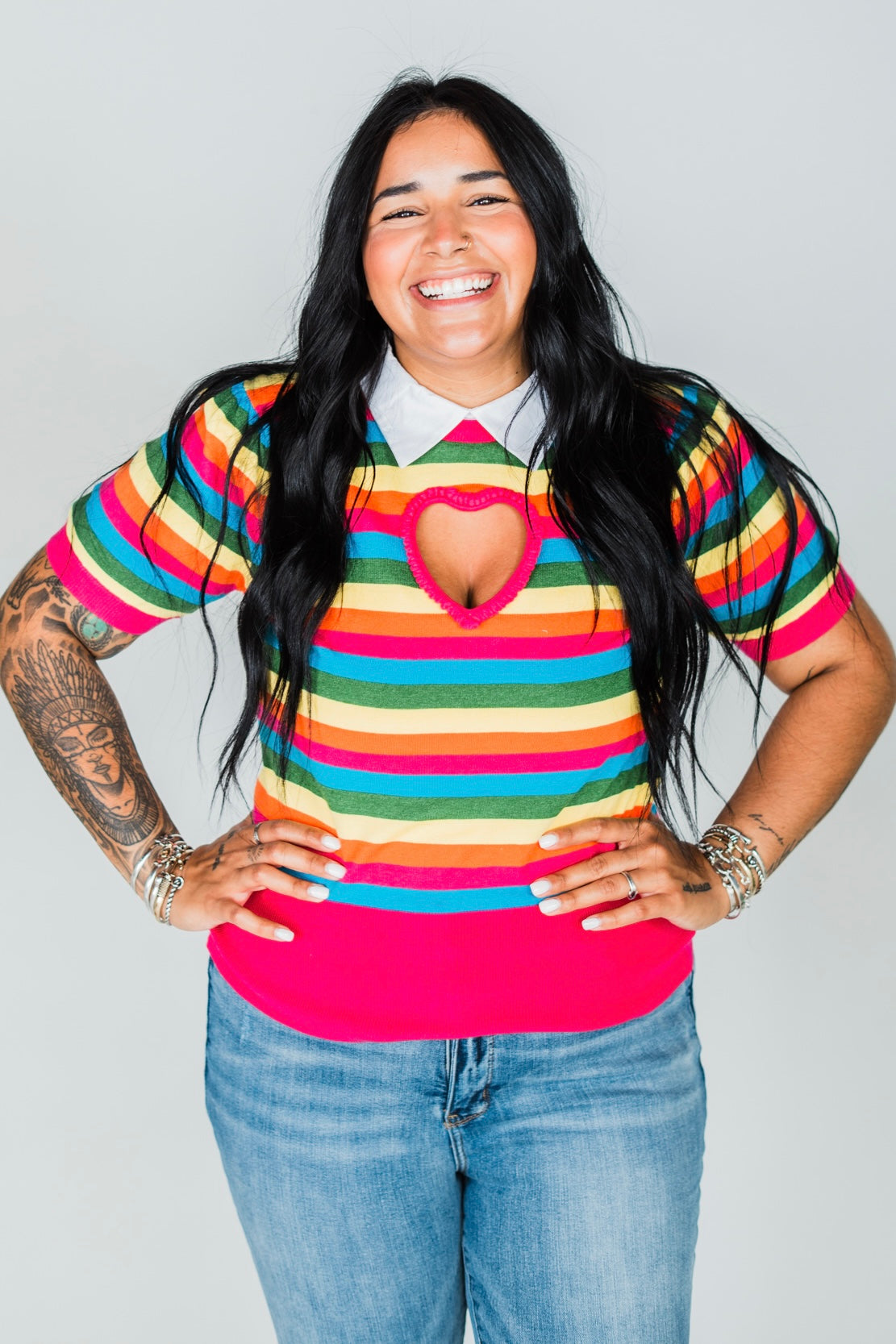 Rainbow Stripe Crop Puff Sleeve Sweater W/ Heart Cutout