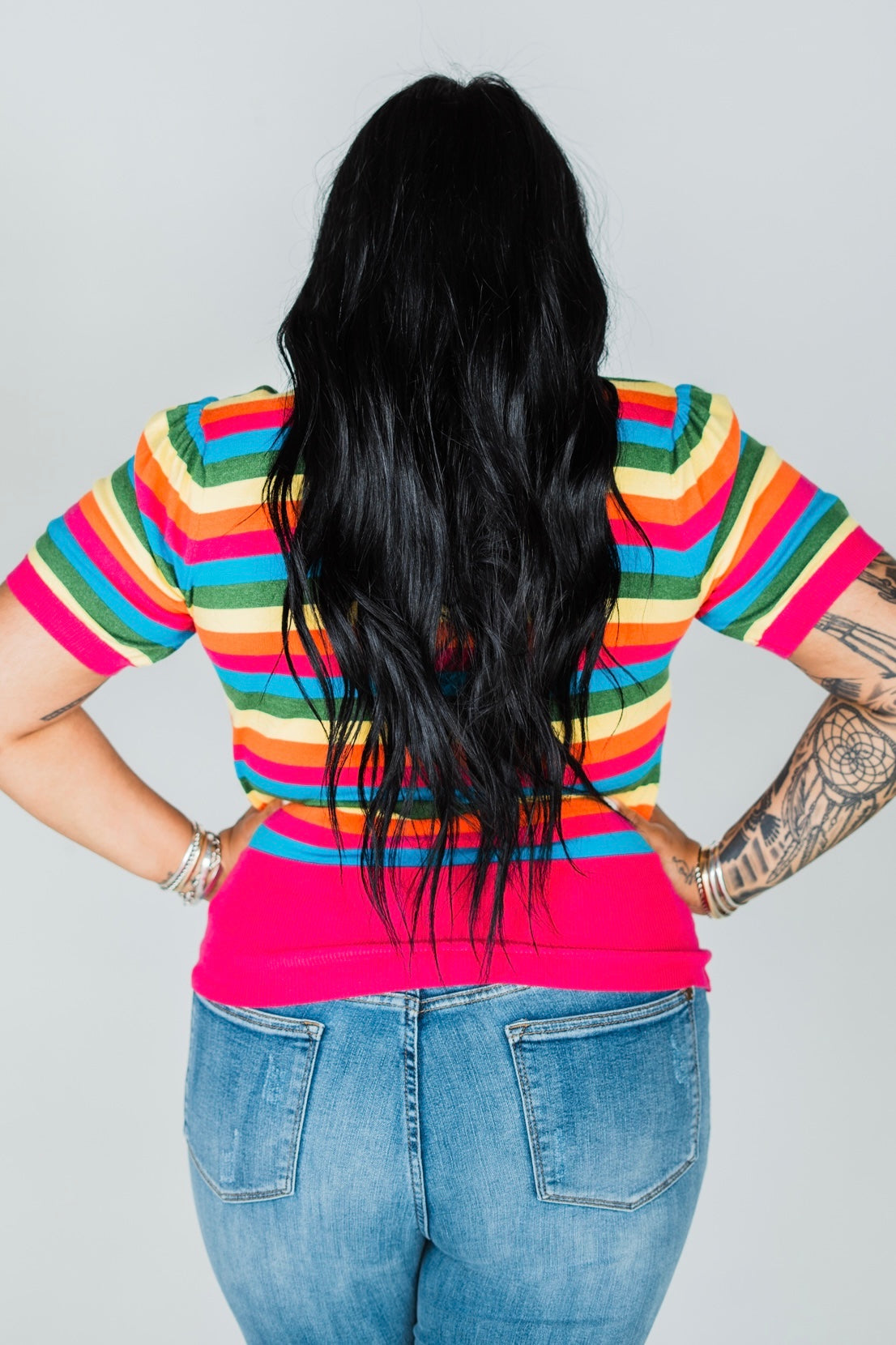 Rainbow Stripe Crop Puff Sleeve Sweater W/ Heart Cutout