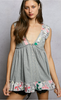 Heather Gray V-Neck Thermal Tank Top With Floral Accents