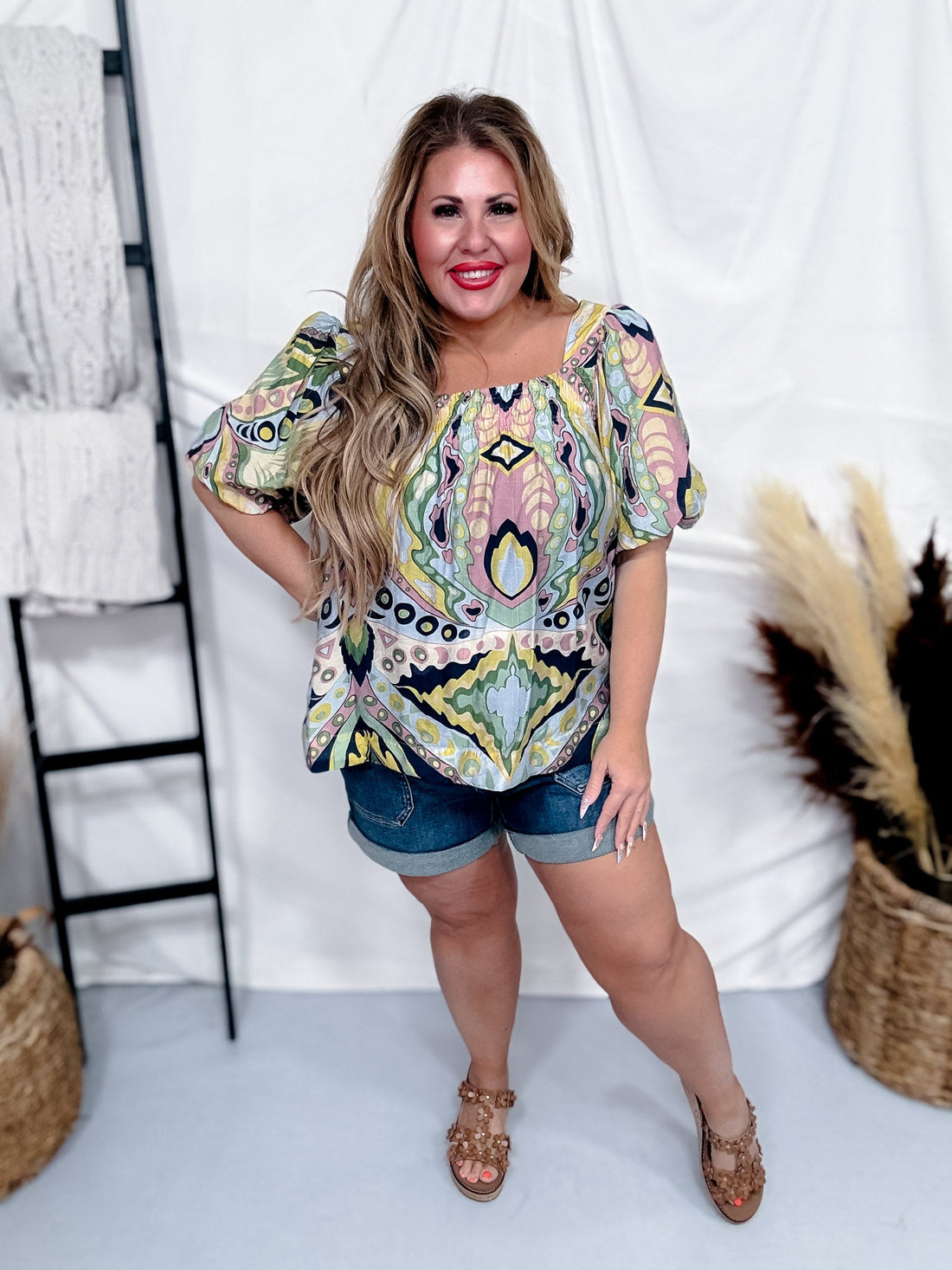 Abstract Print Square Neck Smocking Detailed Top - Whiskey Skies - UMGEE