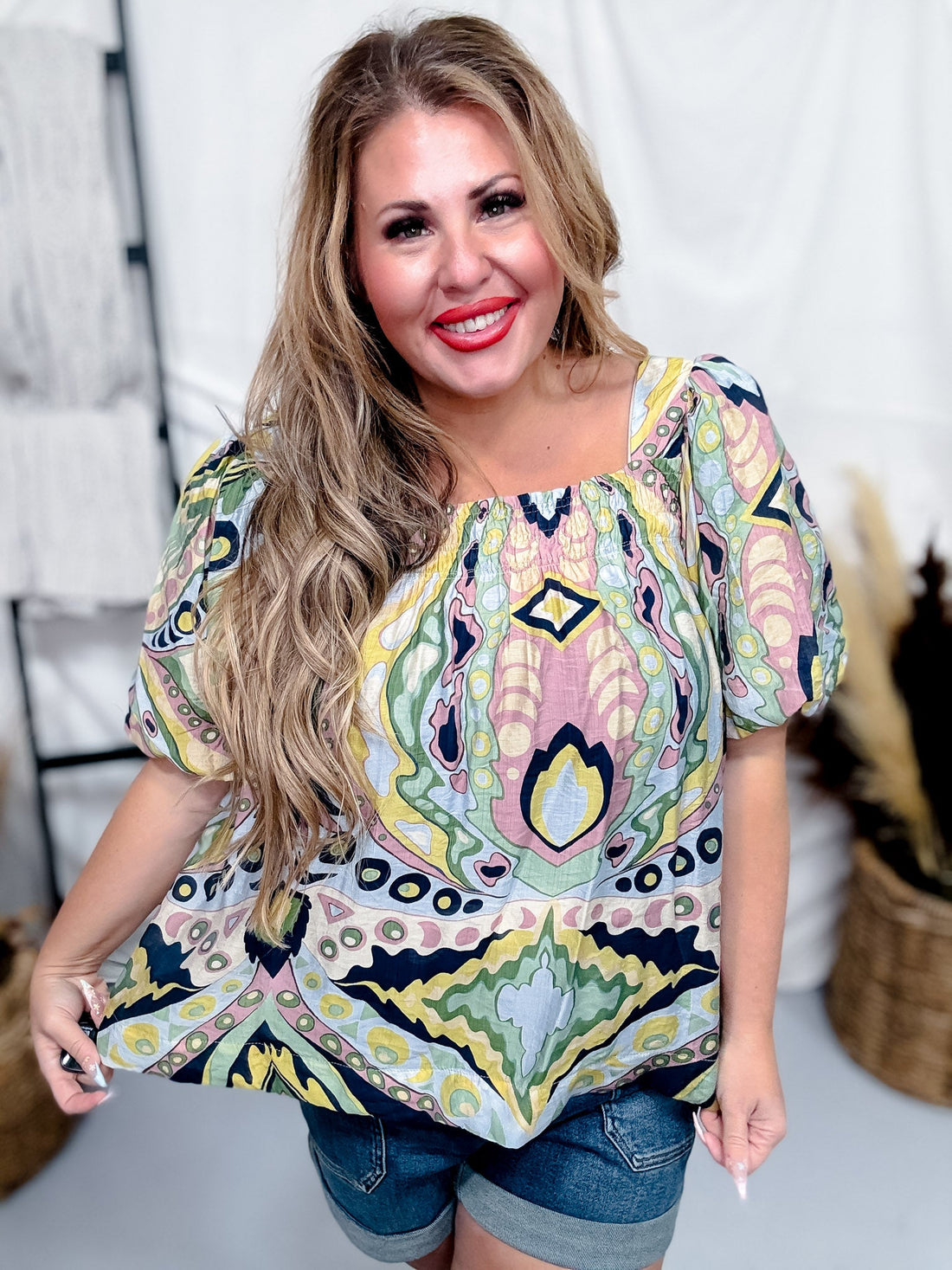 Abstract Print Square Neck Smocking Detailed Top - Whiskey Skies - UMGEE