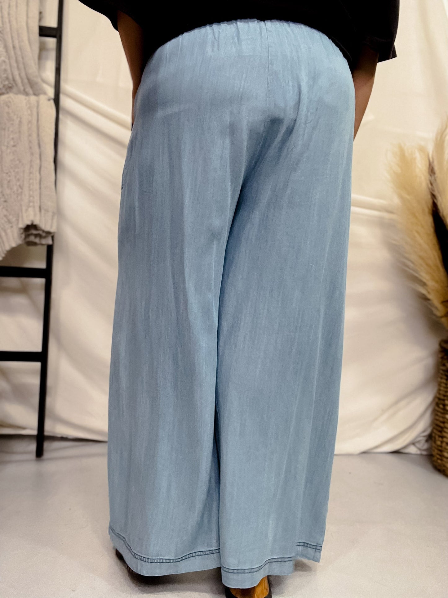 Acid Washed Chambray Palazzo Pants - Whiskey Skies - ODDI