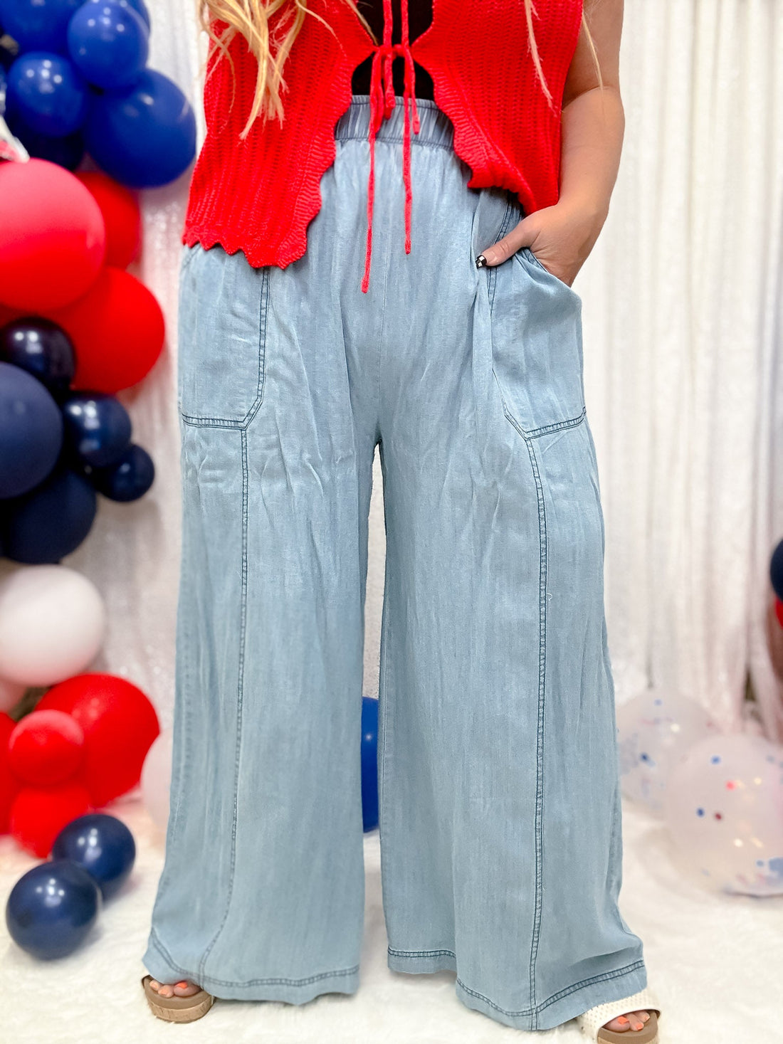 Acid Washed Chambray Palazzo Pants - Whiskey Skies - ODDI