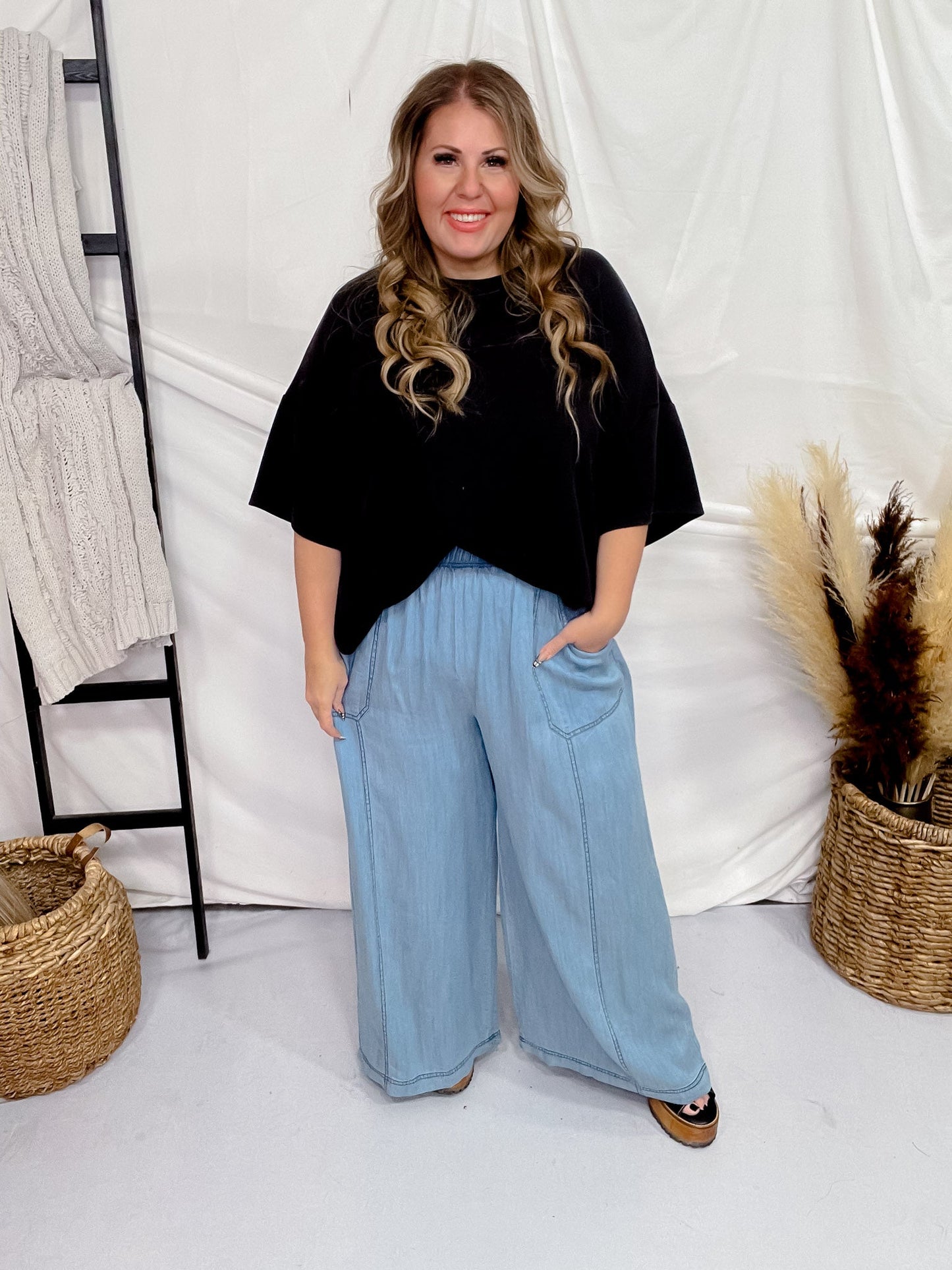 Acid Washed Chambray Palazzo Pants - Whiskey Skies - ODDI