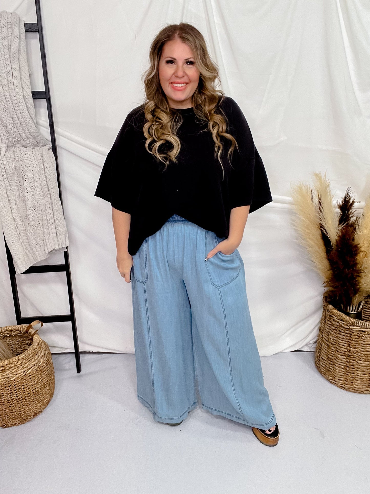 Acid Washed Chambray Palazzo Pants - Whiskey Skies - ODDI