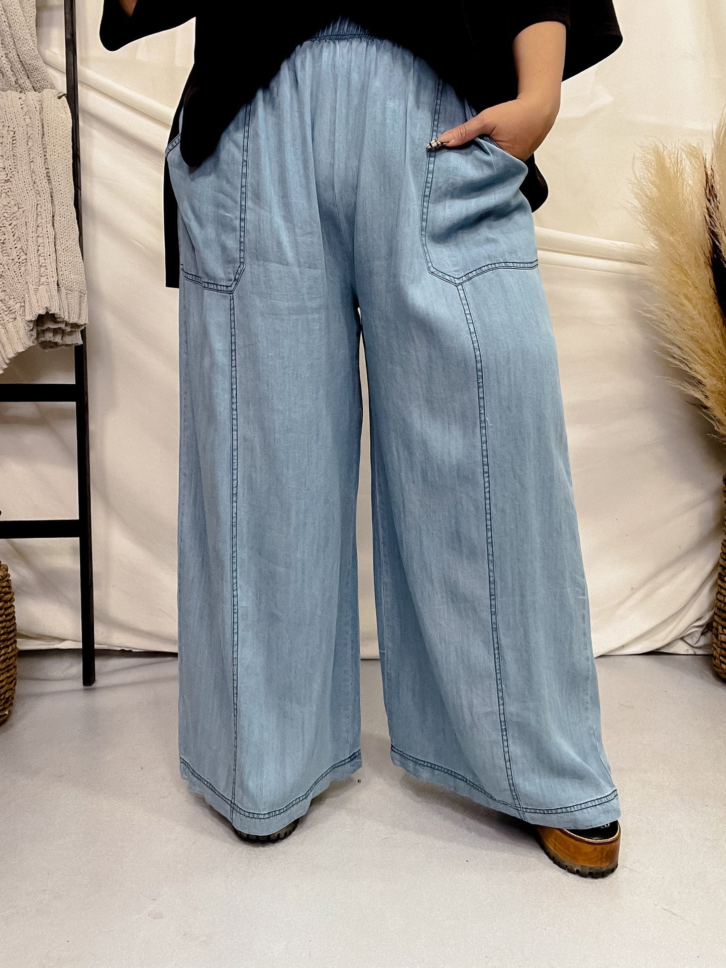 Acid Washed Chambray Palazzo Pants - Whiskey Skies - ODDI