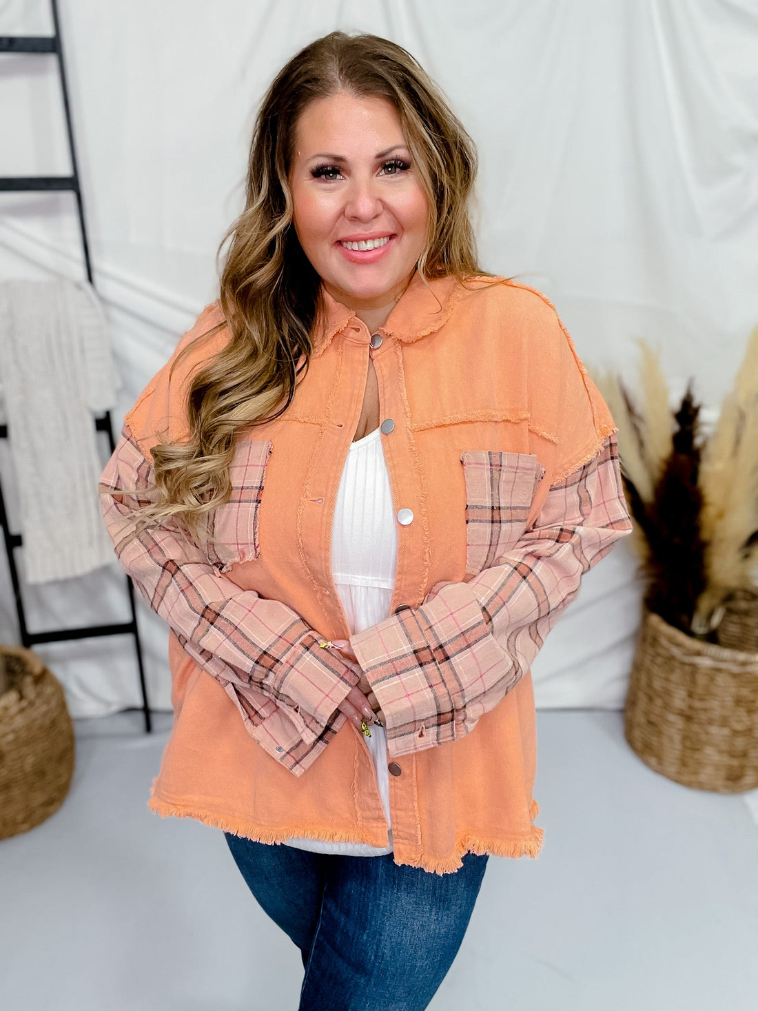 Acid Washed Coral Denim Jacket with Plaid Sleeves - Whiskey Skies - ODDI