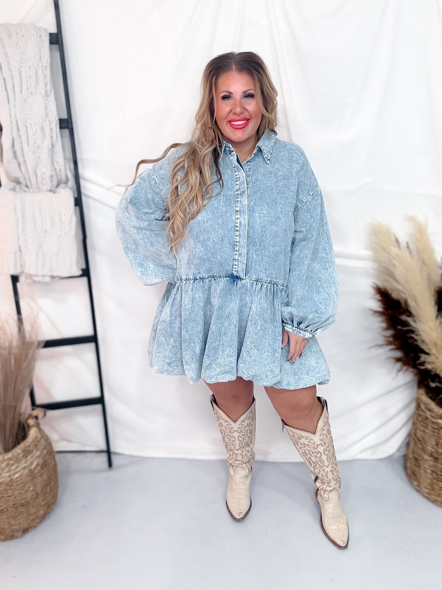 Acid Washed Denim Tiered Mini Babydoll Dress - Whiskey Skies - SWEET GENERIS