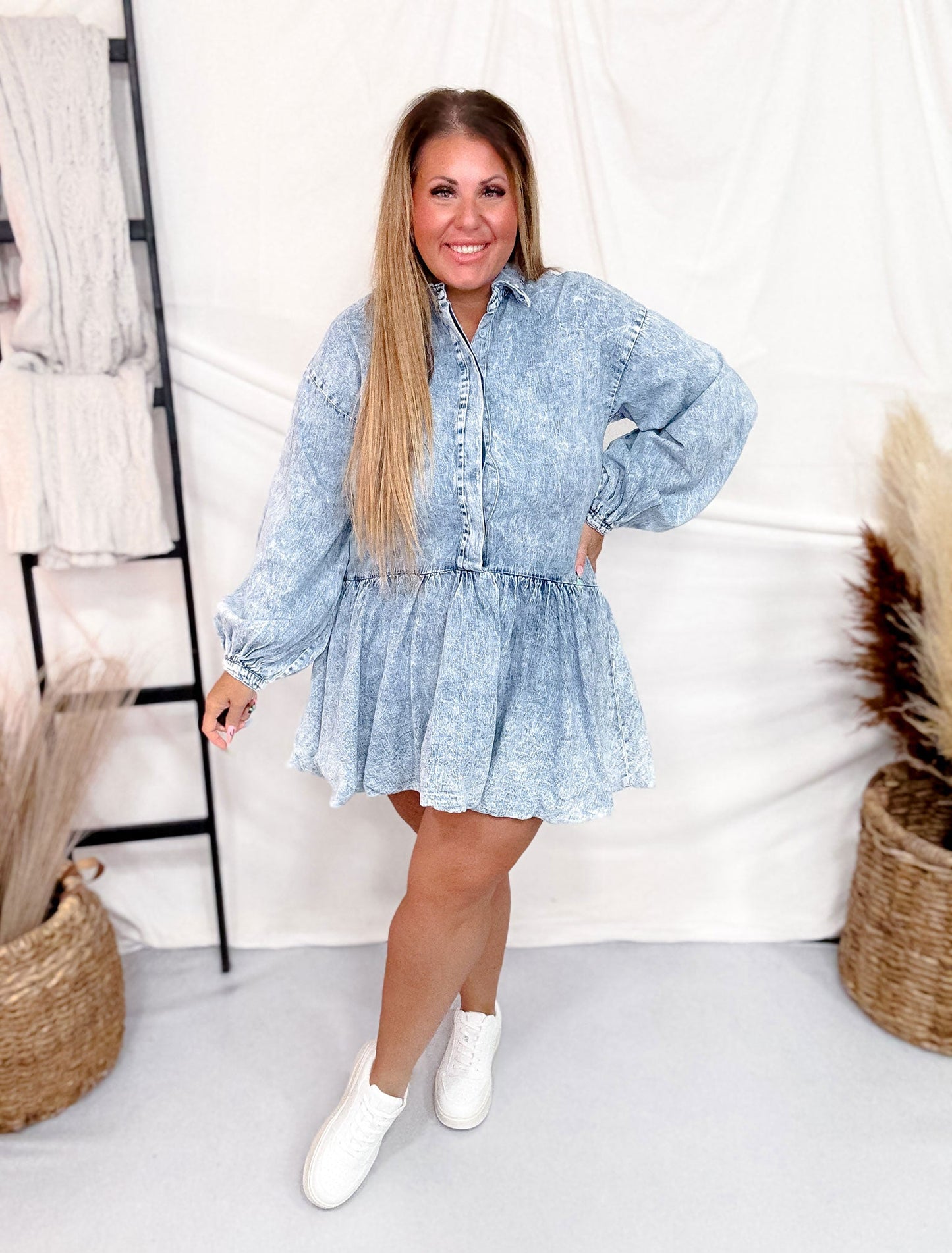 Acid Washed Denim Tiered Mini Babydoll Dress - Whiskey Skies - SWEET GENERIS