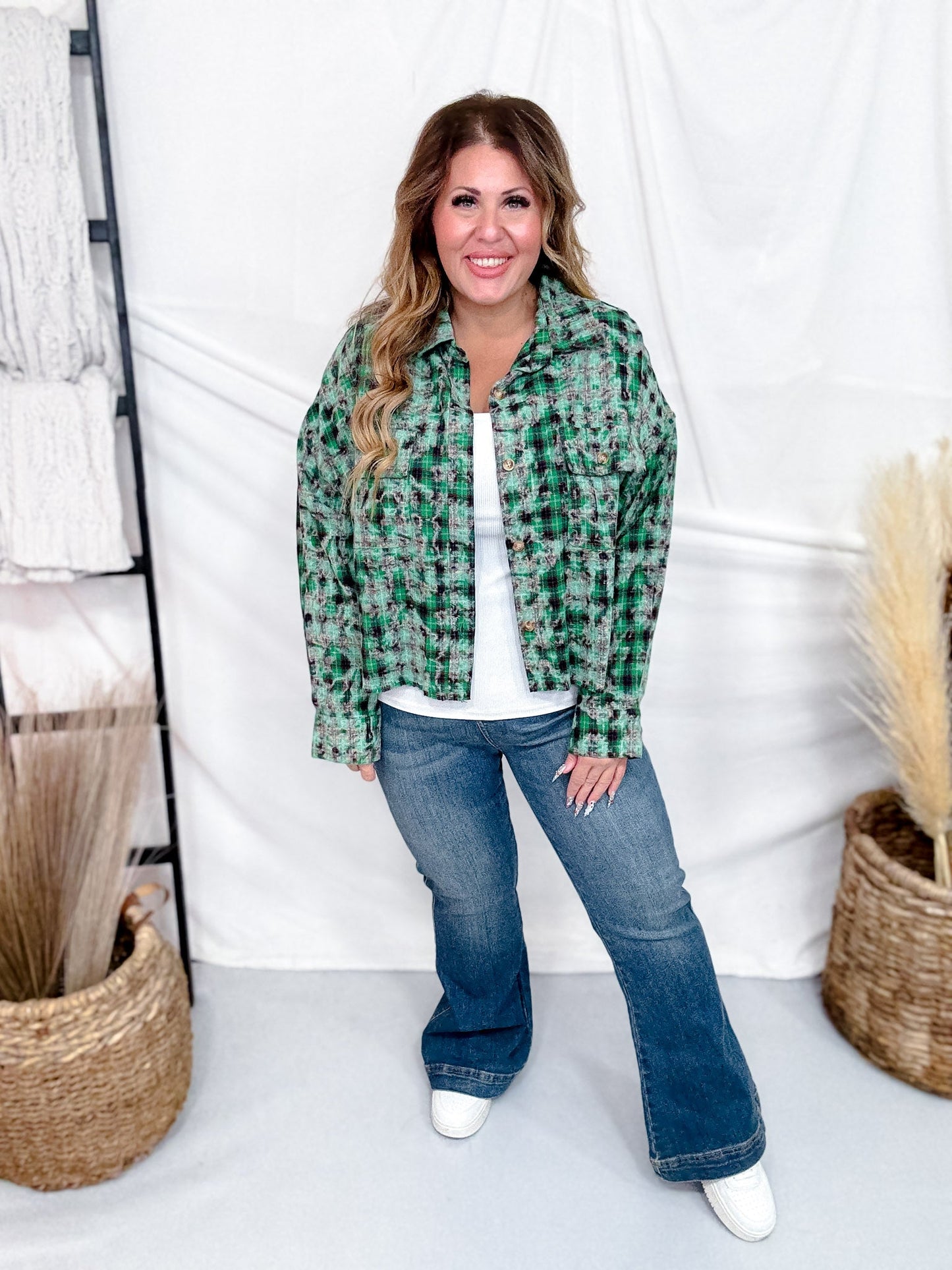 Acid Washed Green Plaid Flannel With Distressed Hems - Whiskey Skies - WHITE BIRCH