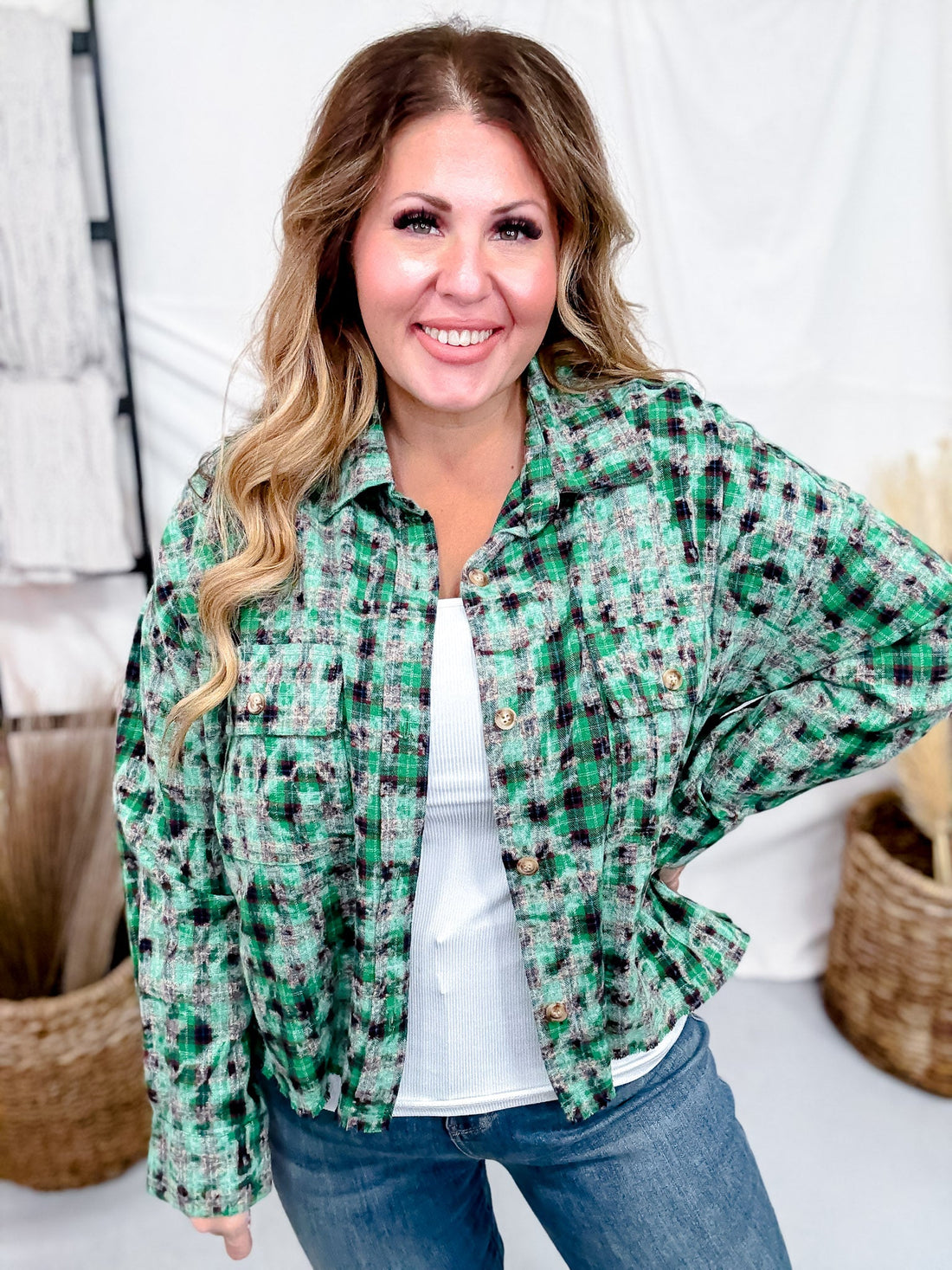 Acid Washed Green Plaid Flannel With Distressed Hems - Whiskey Skies - WHITE BIRCH