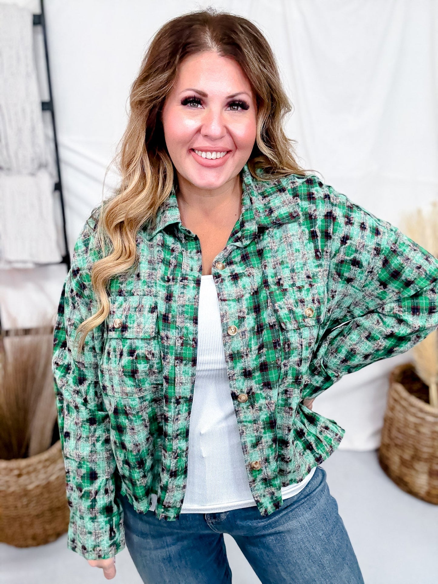 Acid Washed Green Plaid Flannel With Distressed Hems - Whiskey Skies - WHITE BIRCH