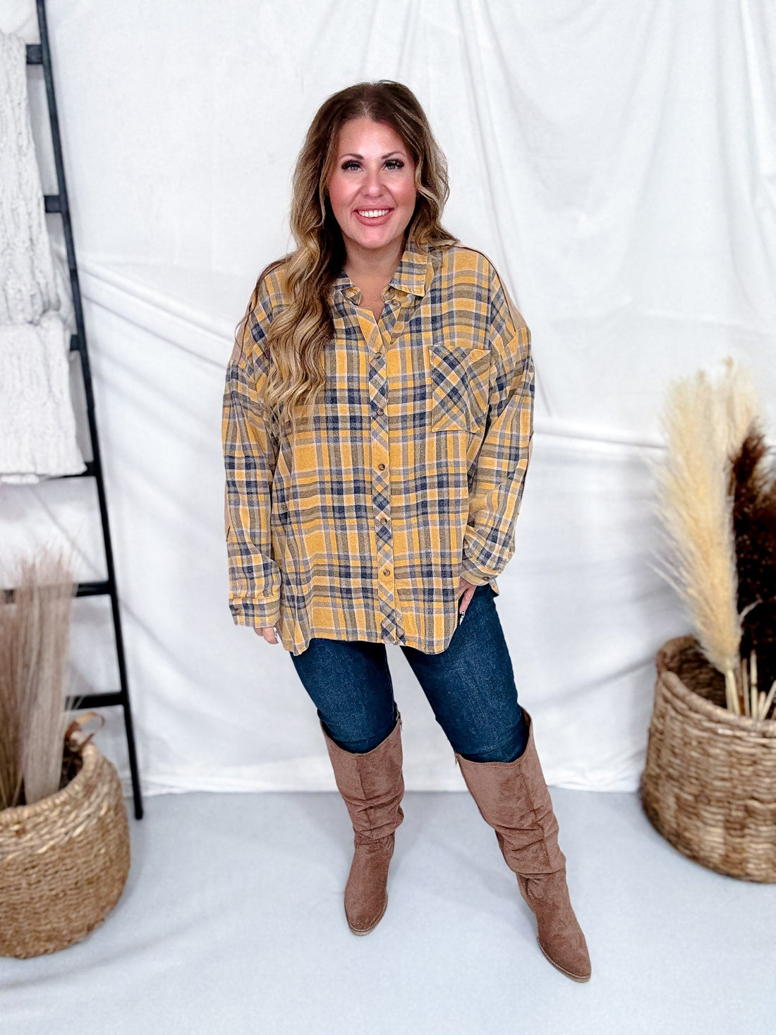 Acid Washed Yellow Plaid Button Down Flannel - Whiskey Skies - EASEL