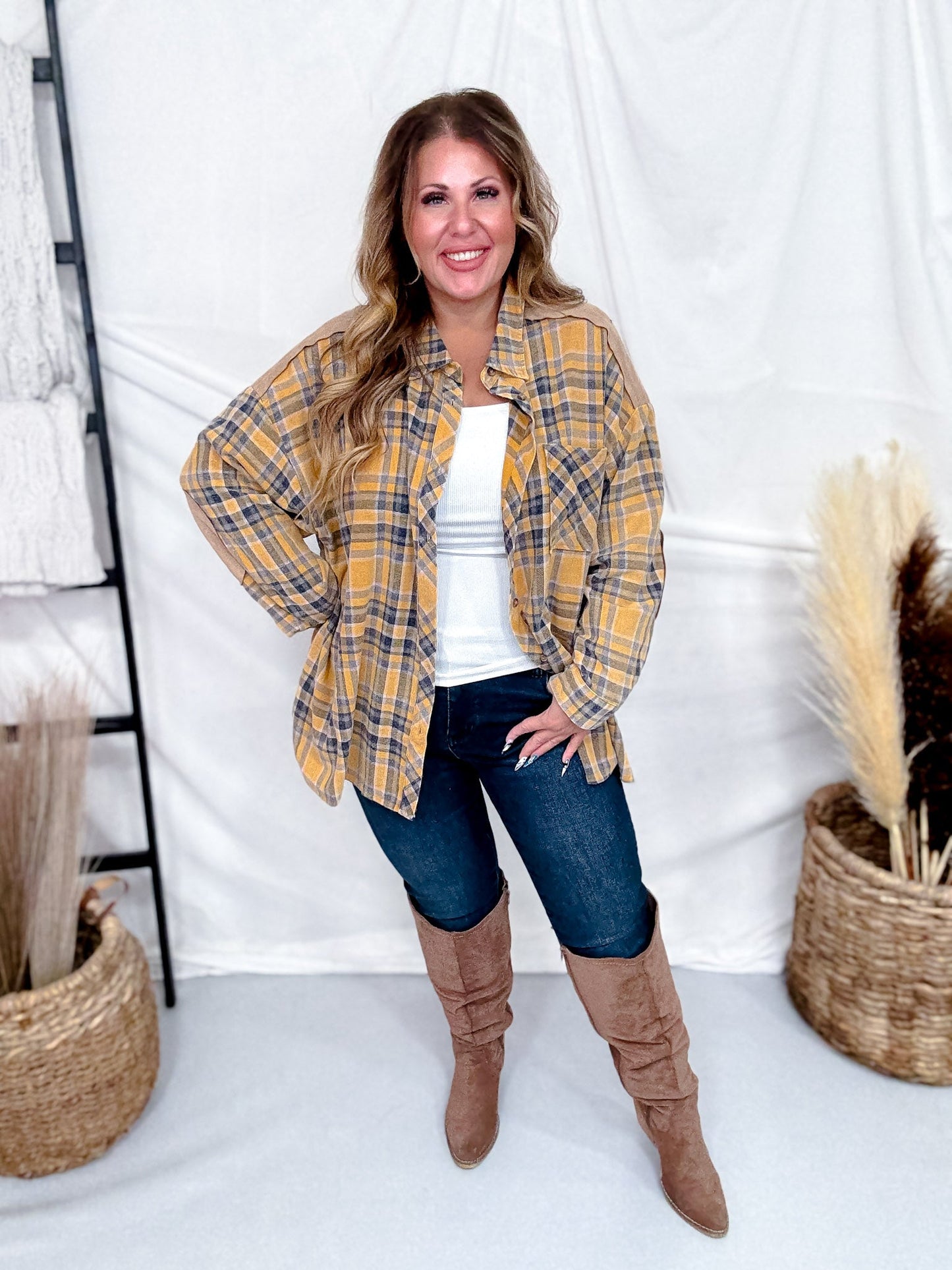 Acid Washed Yellow Plaid Button Down Flannel - Whiskey Skies - EASEL