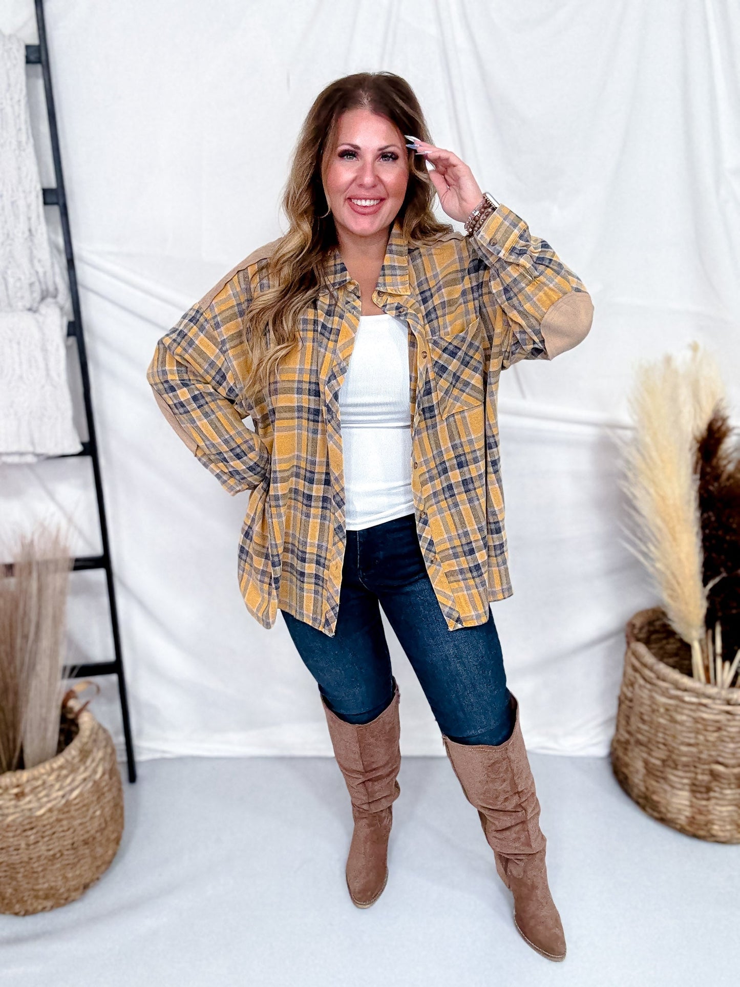 Acid Washed Yellow Plaid Button Down Flannel - Whiskey Skies - EASEL