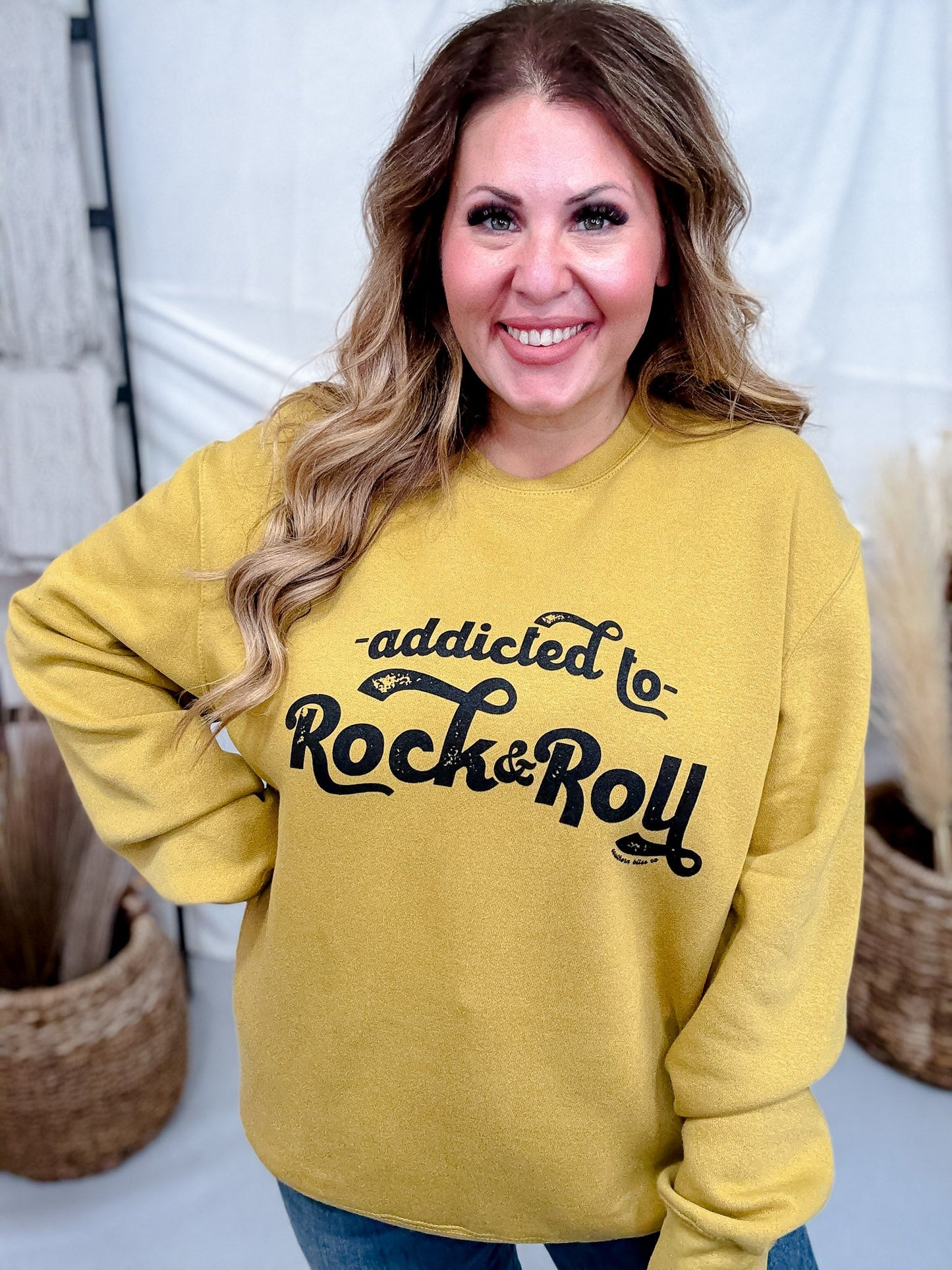 Addicted To Rock & Roll Long Sleeve Sweatshirt - Whiskey Skies - SOUTHERN BLISS COMPANY