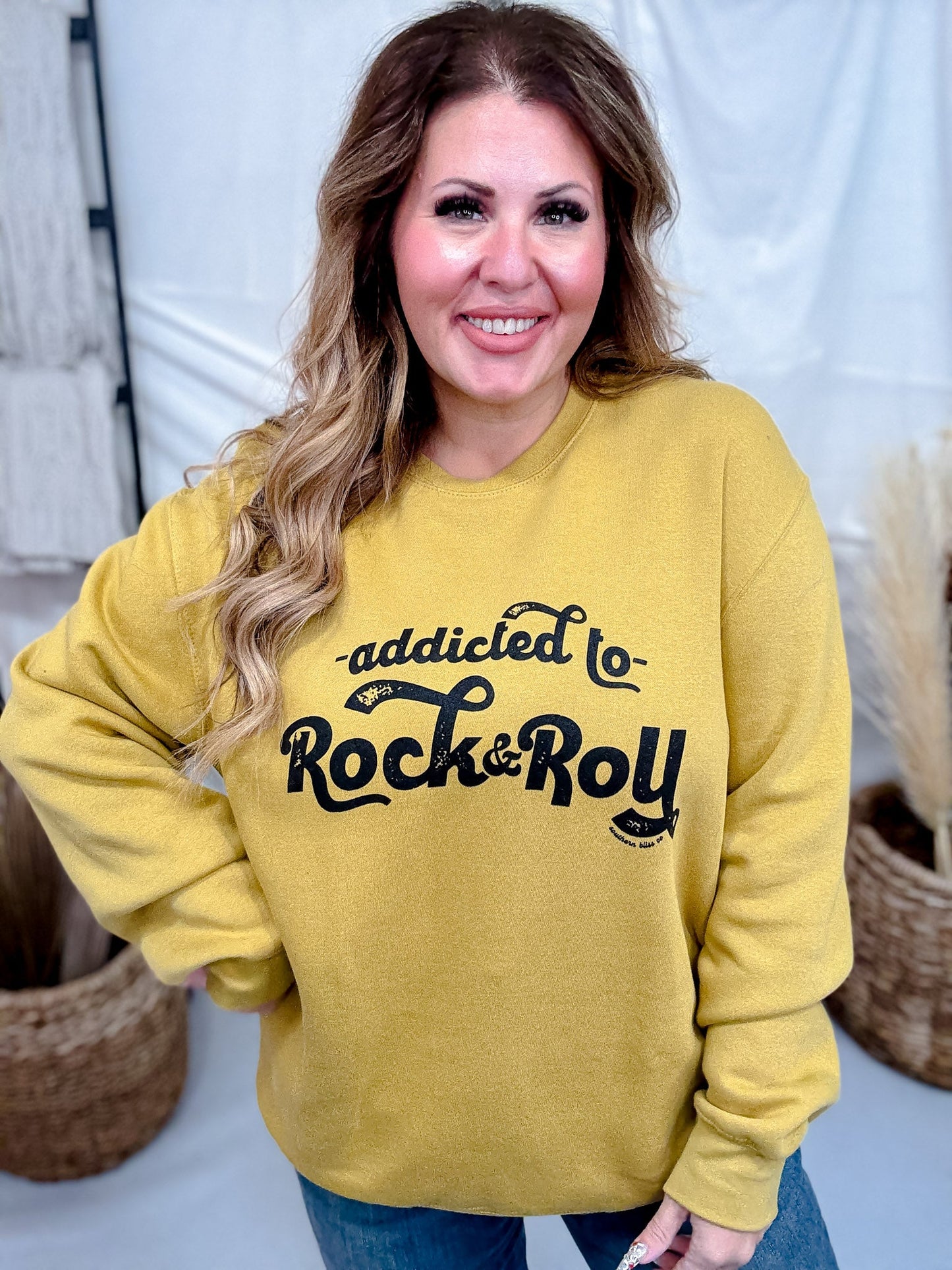 Addicted To Rock & Roll Long Sleeve Sweatshirt - Whiskey Skies - SOUTHERN BLISS COMPANY
