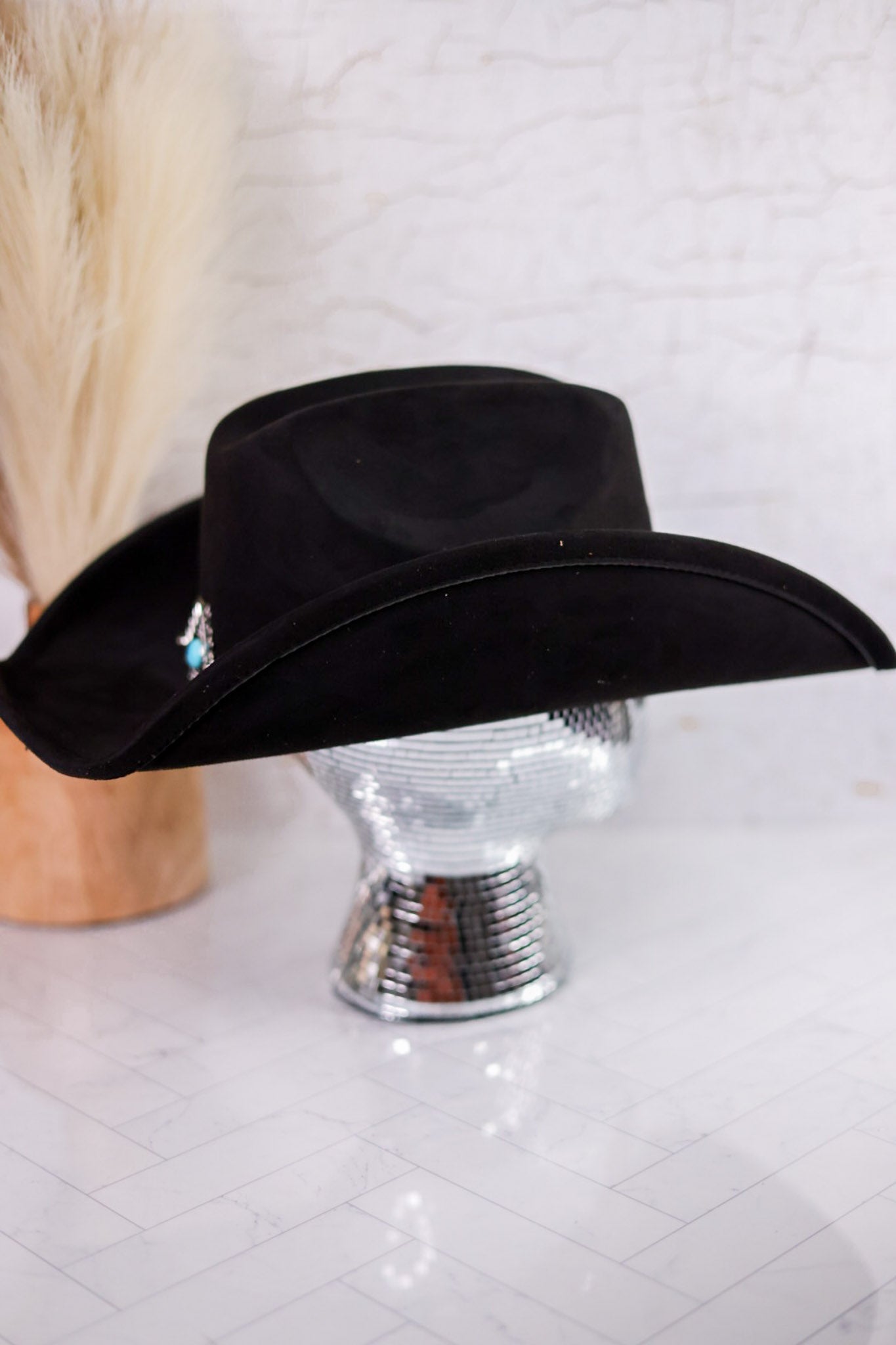 Adjustable Black Cowgirl Hat W/ Turquoise Stud Concho - Whiskey Skies - FAME ACCESSORIES