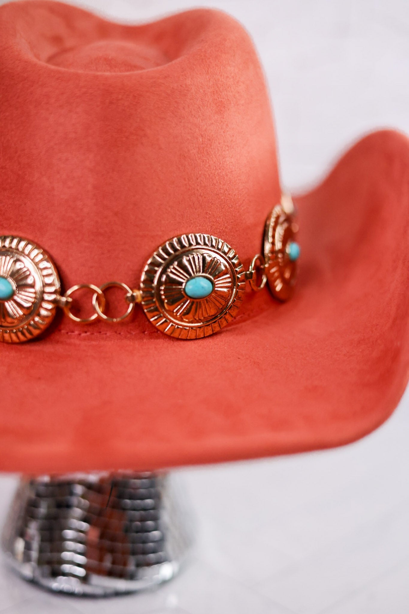 Adjustable Rust Cowgirl Hat W/ Turquoise Concho Chain - Whiskey Skies - FAME ACCESSORIES