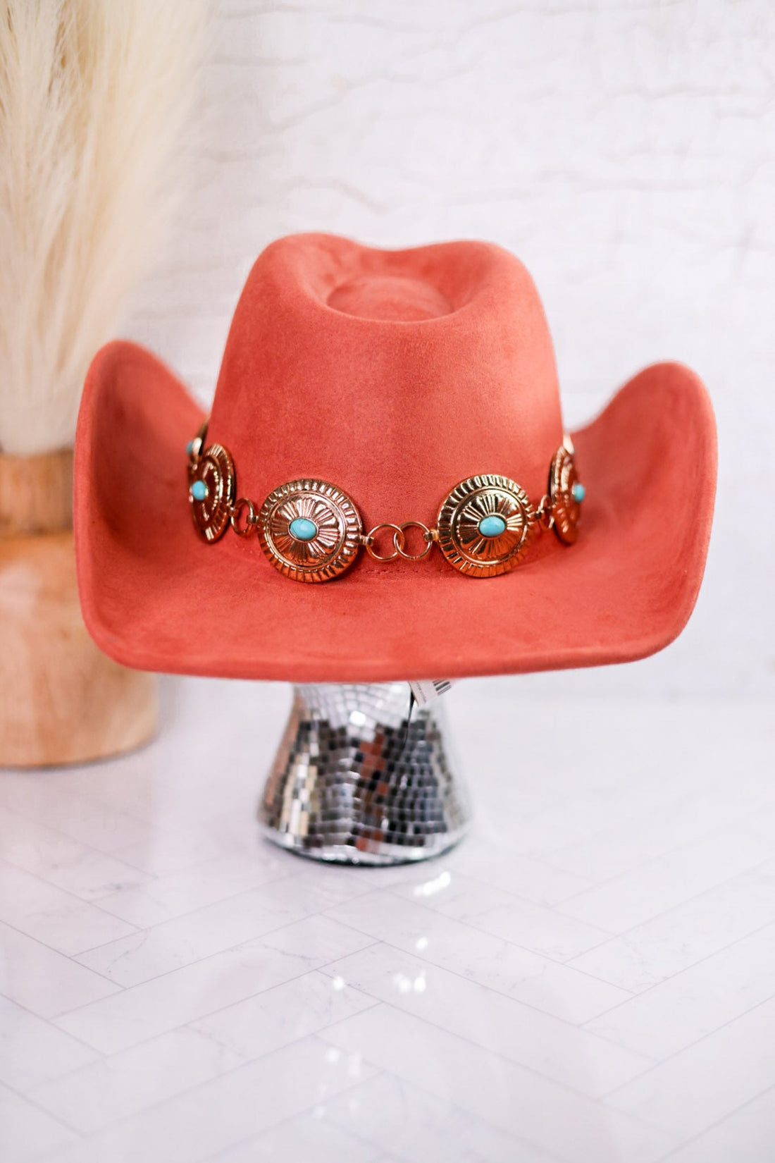 Adjustable Rust Cowgirl Hat W/ Turquoise Concho Chain - Whiskey Skies - FAME ACCESSORIES