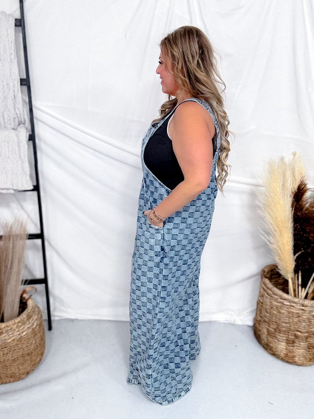 Adjustable Strap Checkered Denim Jumpsuit - Whiskey Skies - BLUEVELVET