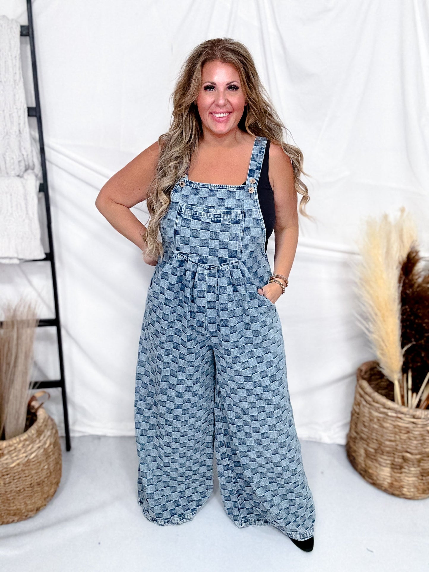 Adjustable Strap Checkered Denim Jumpsuit - Whiskey Skies - BLUEVELVET