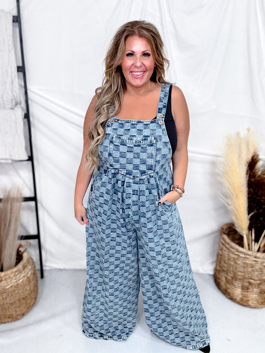 Adjustable Strap Checkered Denim Jumpsuit - Whiskey Skies - BLUEVELVET