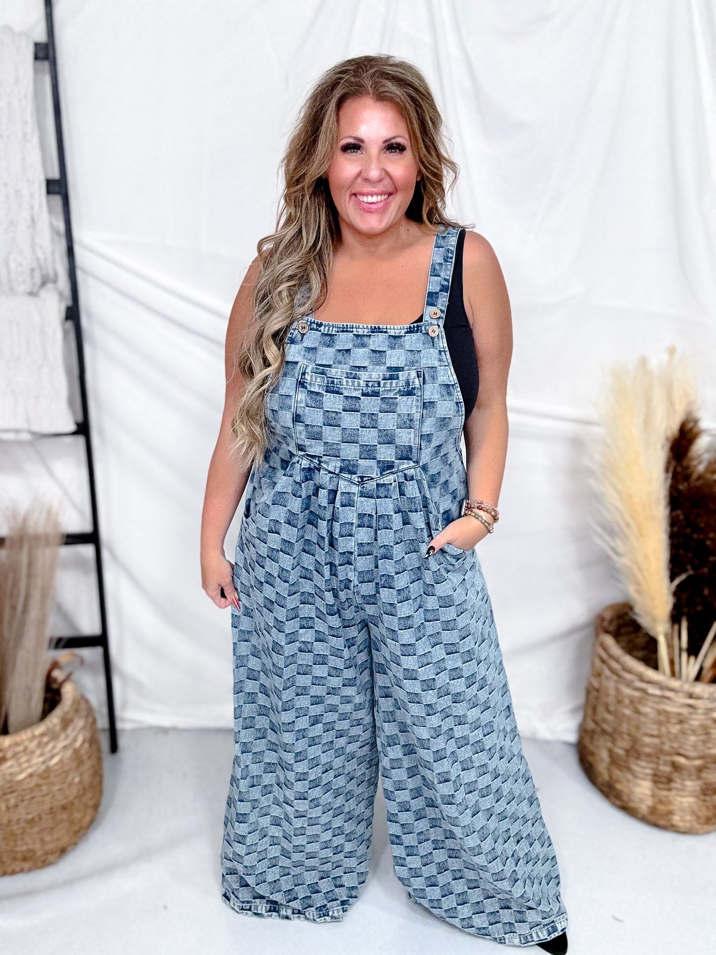Adjustable Strap Checkered Denim Jumpsuit - Whiskey Skies - BLUEVELVET