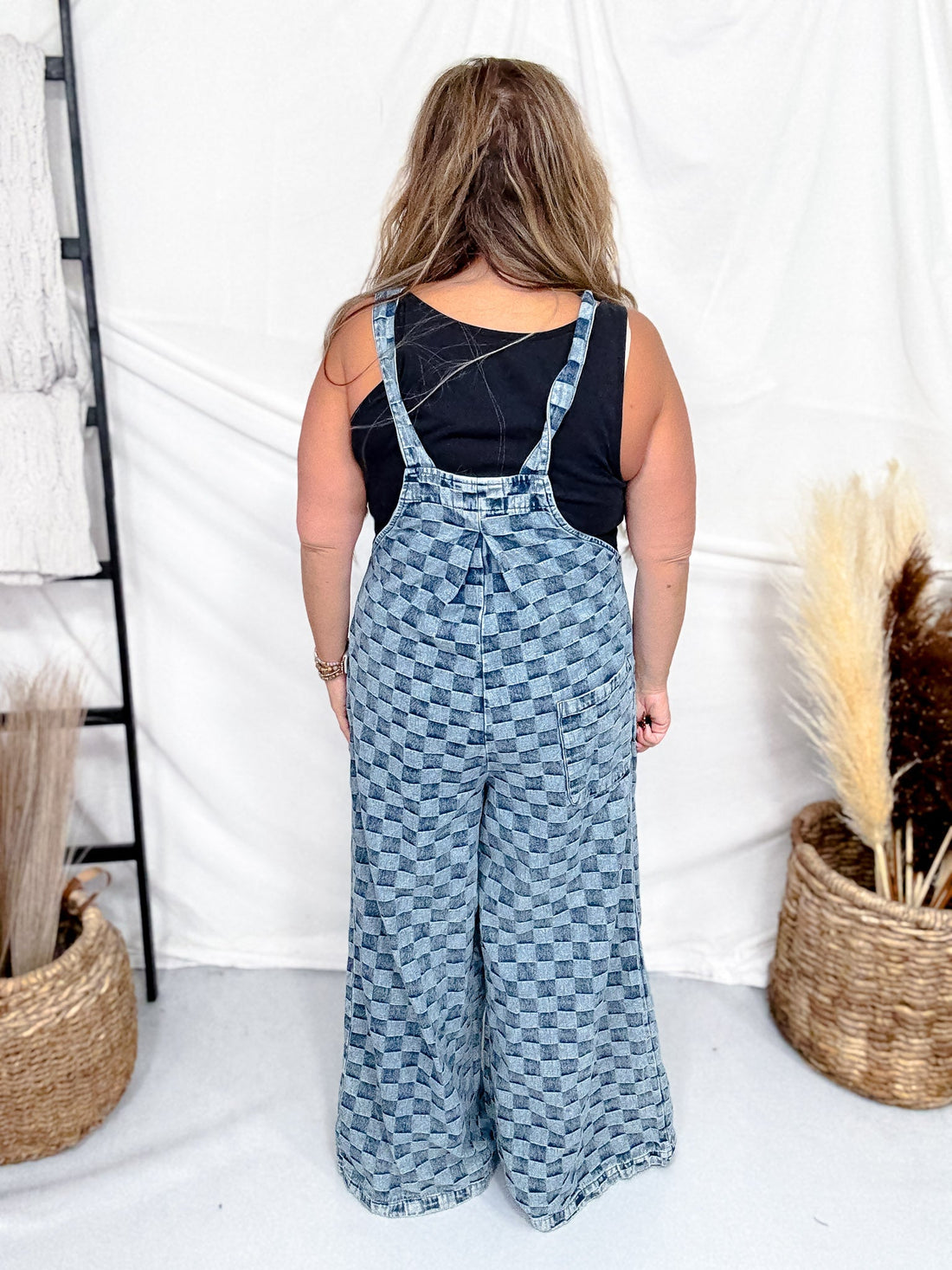 Adjustable Strap Checkered Denim Jumpsuit - Whiskey Skies - BLUEVELVET
