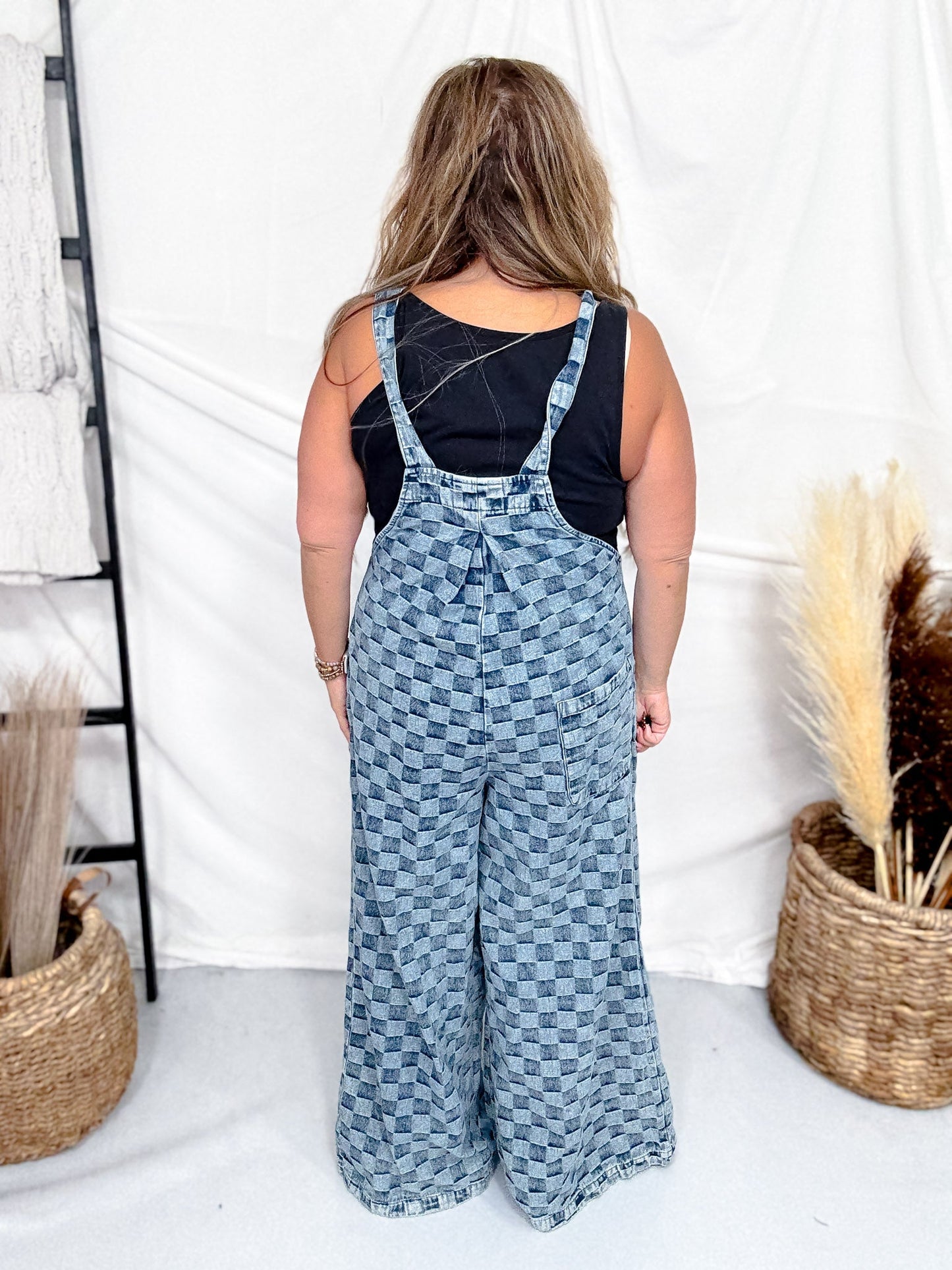 Adjustable Strap Checkered Denim Jumpsuit - Whiskey Skies - BLUEVELVET