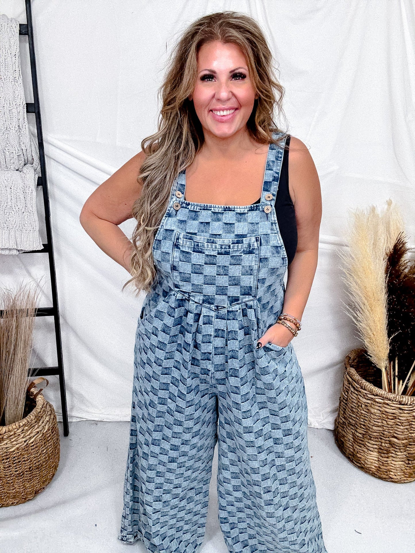 Adjustable Strap Checkered Denim Jumpsuit - Whiskey Skies - BLUEVELVET