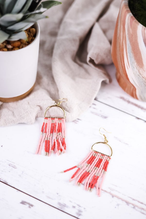 Allison Check Stripe Beaded Fringe Earrings Blush - Whiskey Skies - INK+ALLOY