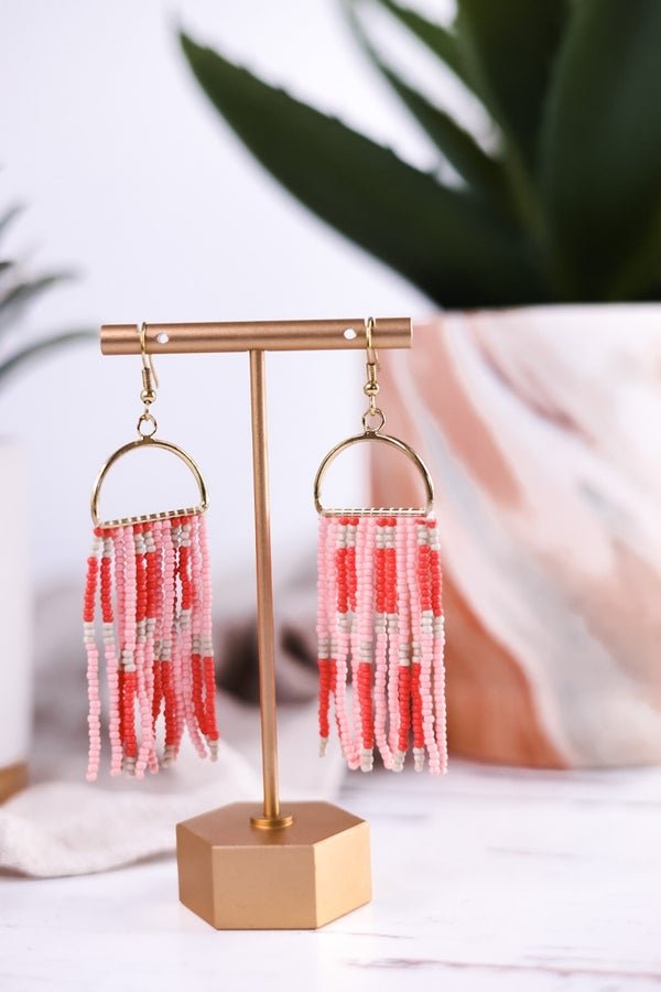 Allison Check Stripe Beaded Fringe Earrings Blush - Whiskey Skies - INK+ALLOY