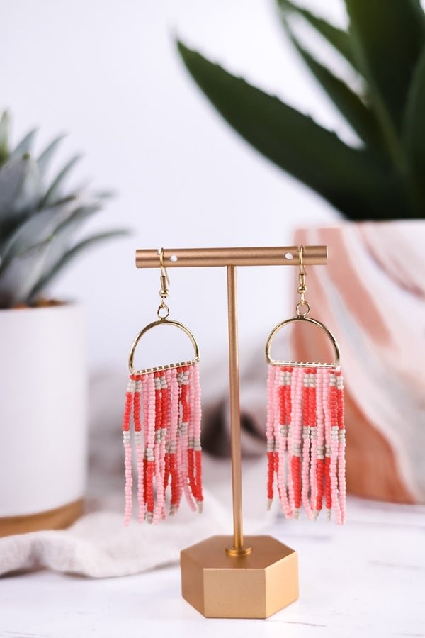 Allison Check Stripe Beaded Fringe Earrings Blush - Whiskey Skies - INK+ALLOY