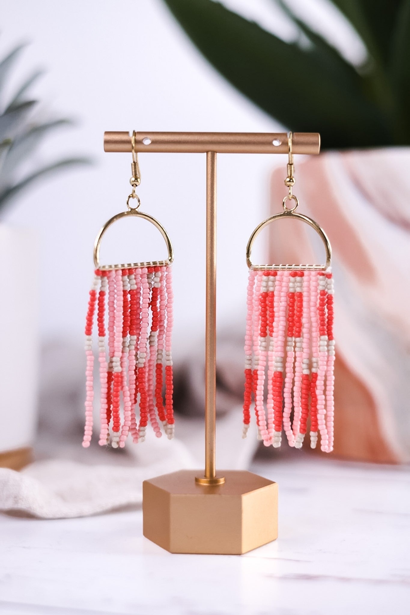 Allison Check Stripe Beaded Fringe Earrings Blush - Whiskey Skies - INK+ALLOY