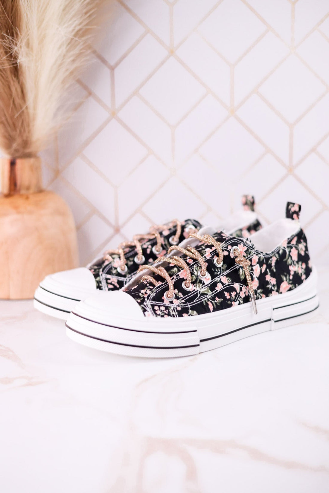 Aman Black & Pink Floral Sneakers WIth Rhinestone Laces - Whiskey Skies - VERY G