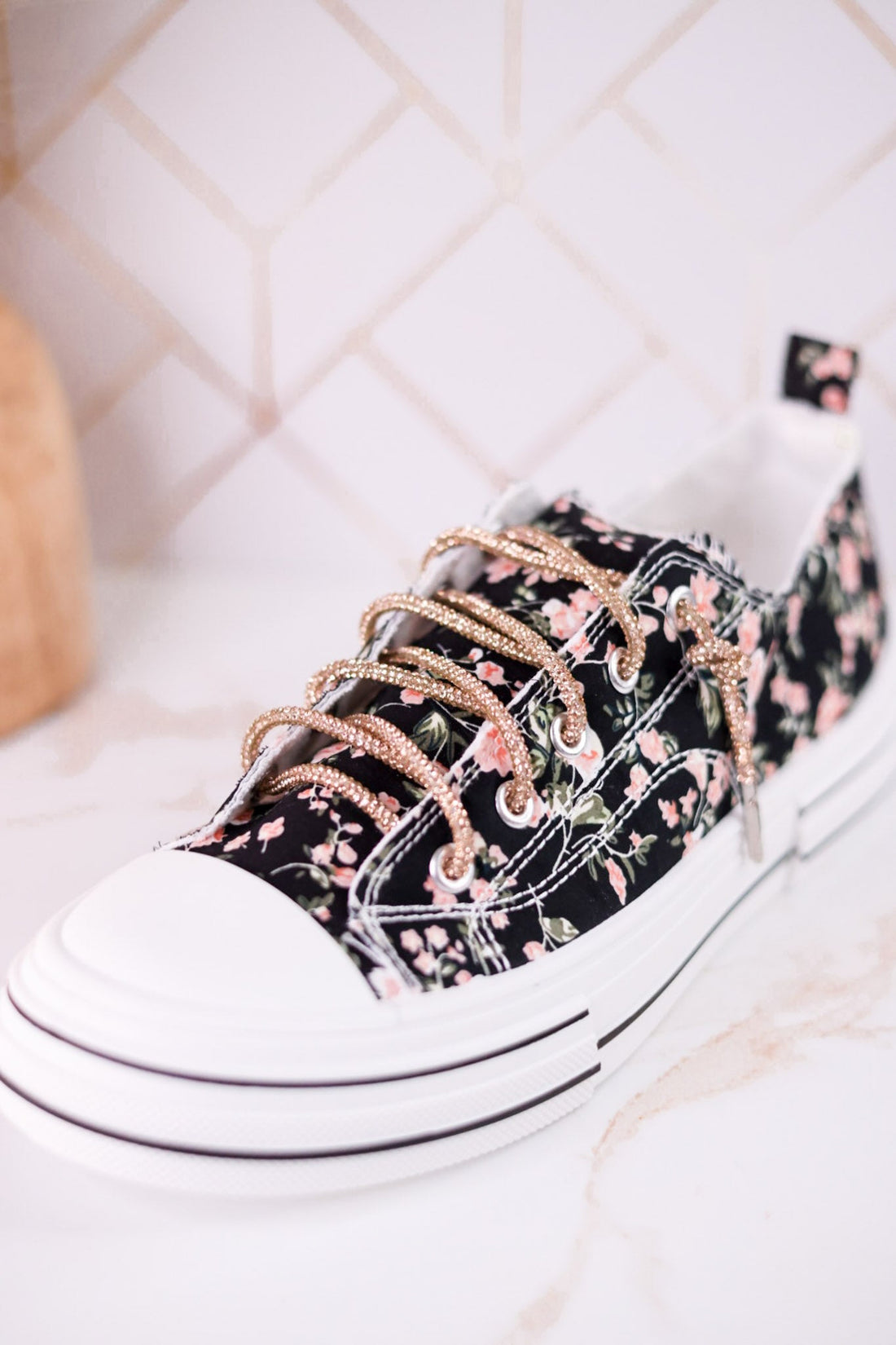 Aman Black & Pink Floral Sneakers WIth Rhinestone Laces - Whiskey Skies - VERY G