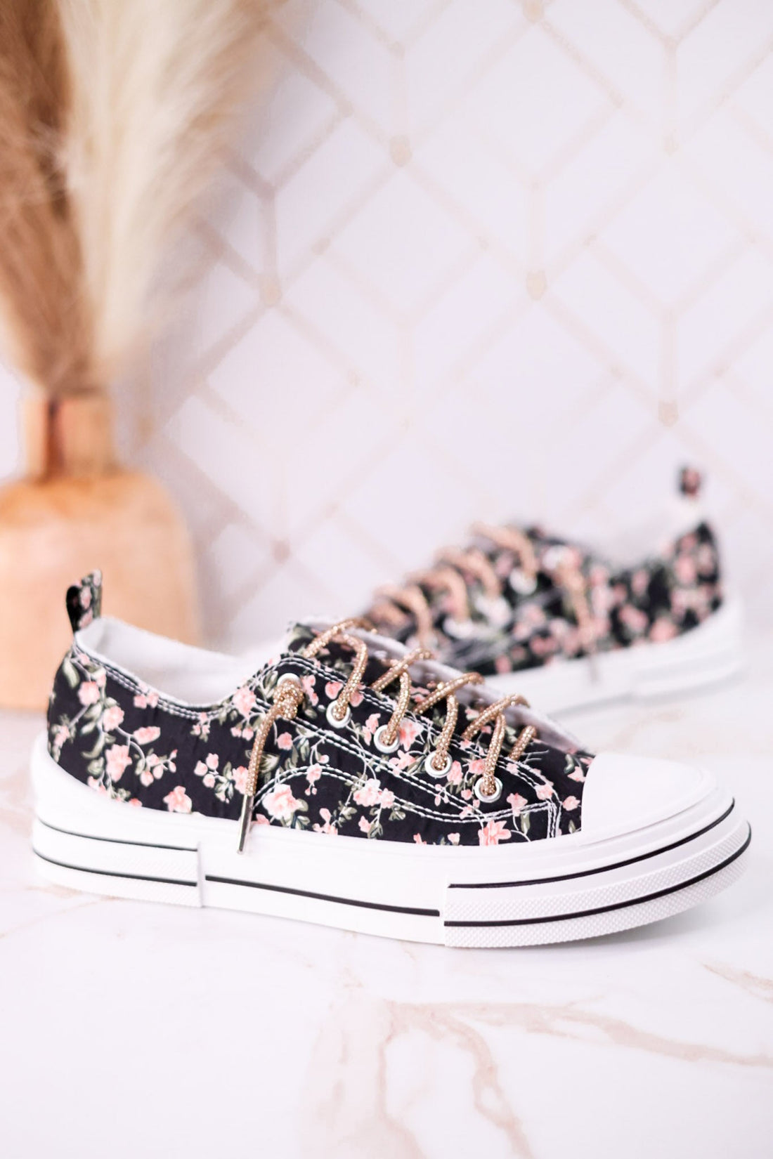 Aman Black & Pink Floral Sneakers WIth Rhinestone Laces - Whiskey Skies - VERY G