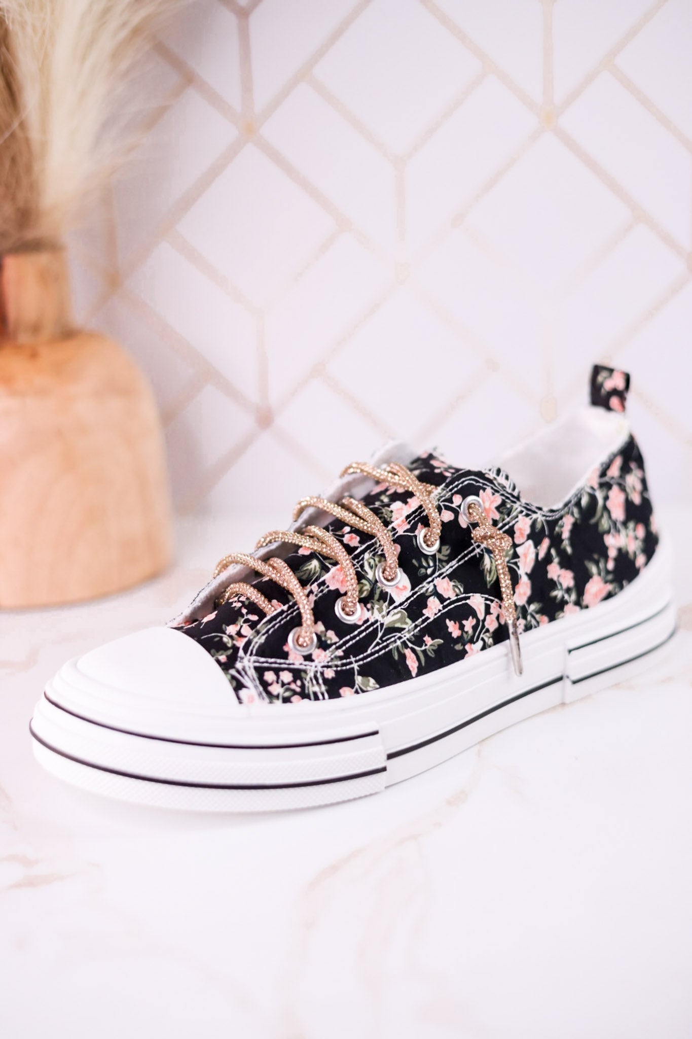 Aman Black & Pink Floral Sneakers WIth Rhinestone Laces - Whiskey Skies - VERY G
