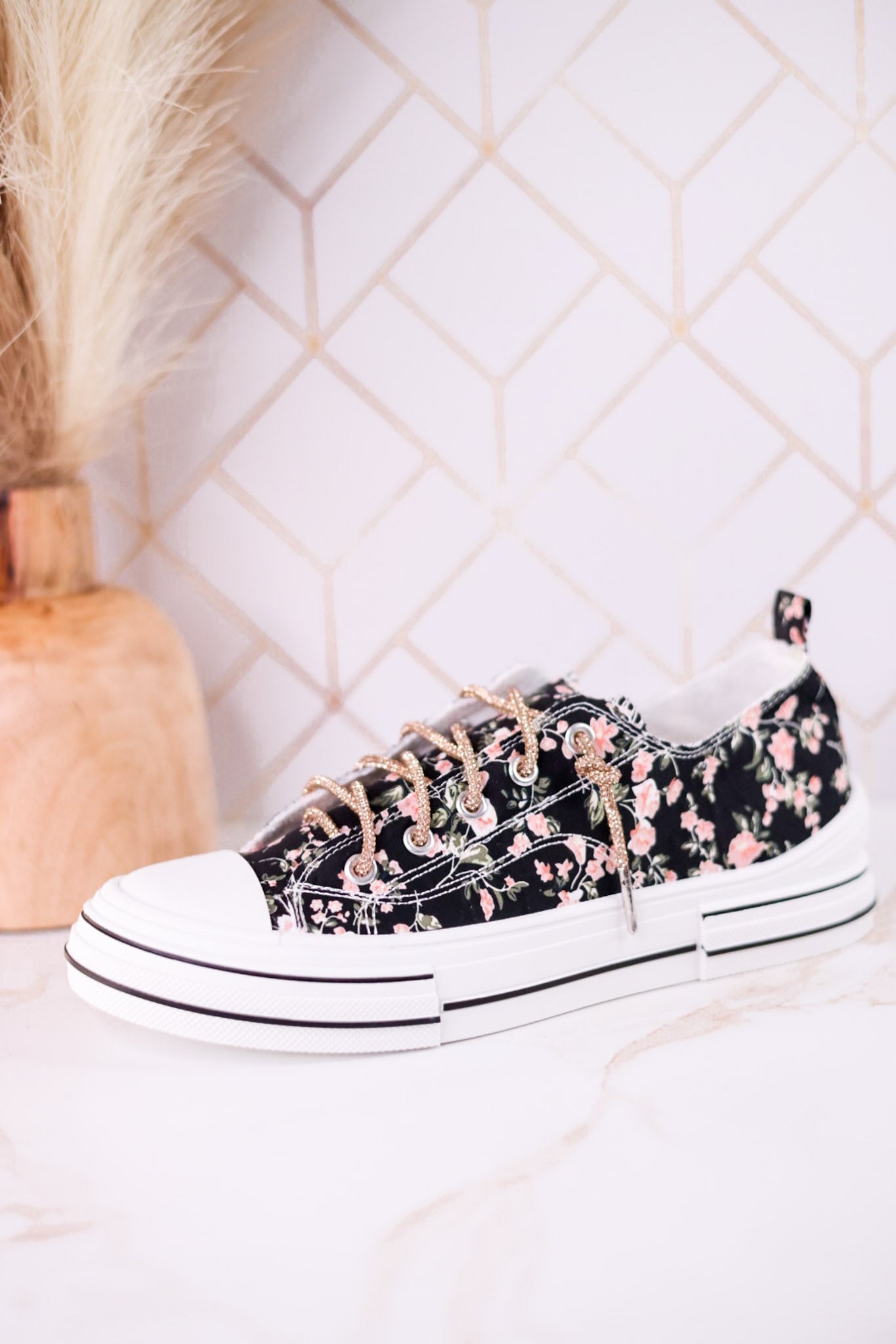 Aman Black & Pink Floral Sneakers WIth Rhinestone Laces - Whiskey Skies - VERY G
