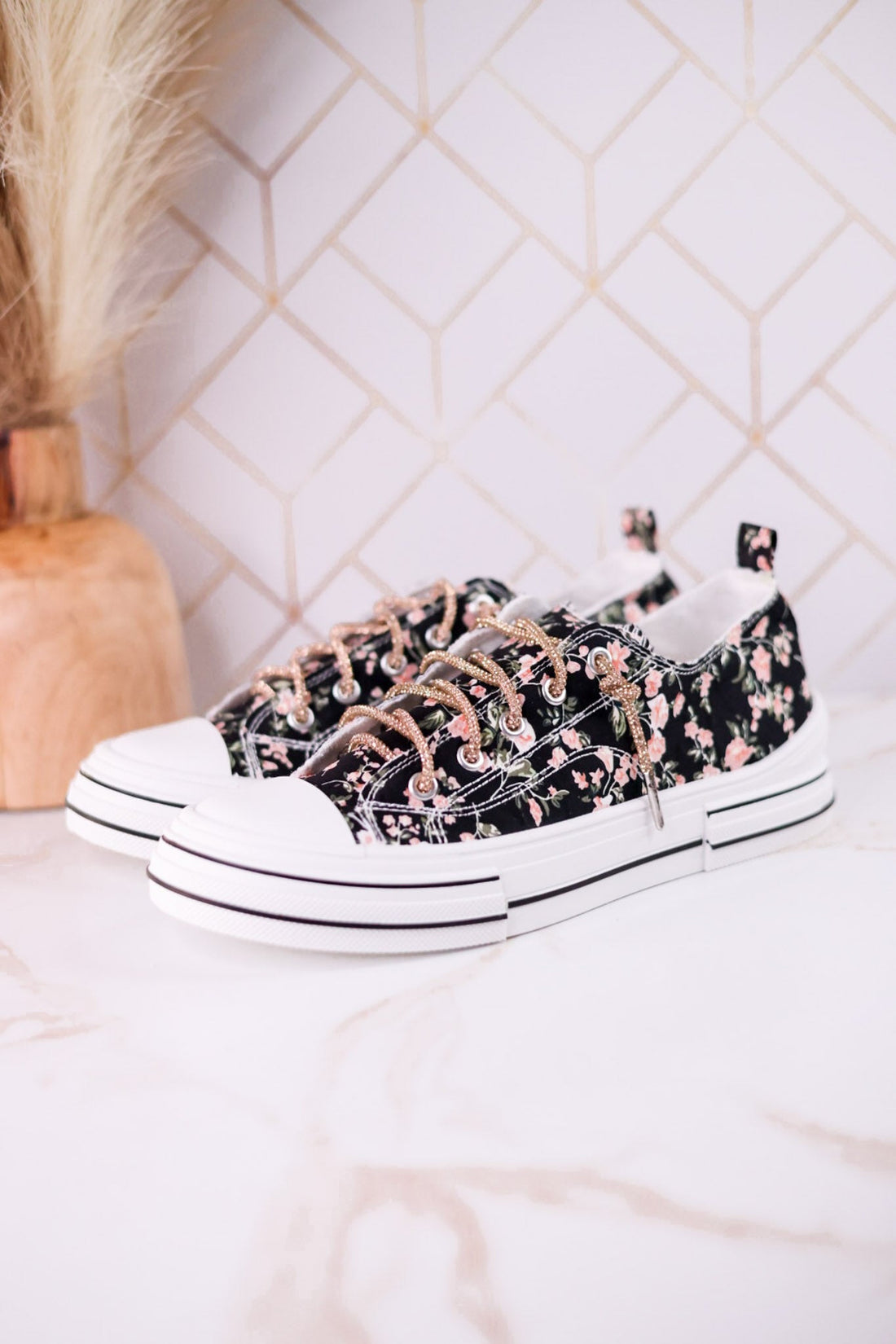 Aman Black & Pink Floral Sneakers WIth Rhinestone Laces - Whiskey Skies - VERY G