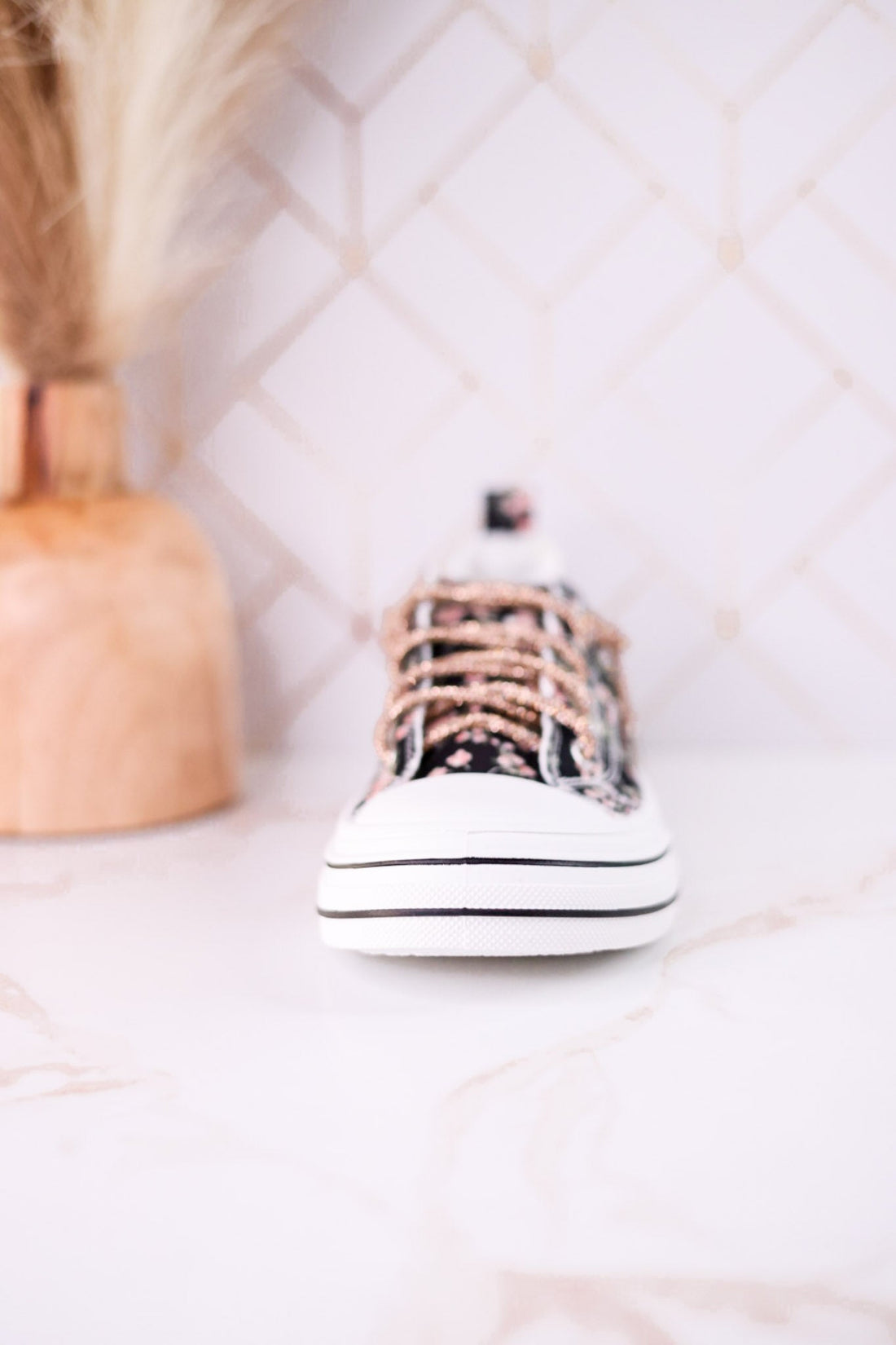 Aman Black & Pink Floral Sneakers WIth Rhinestone Laces - Whiskey Skies - VERY G