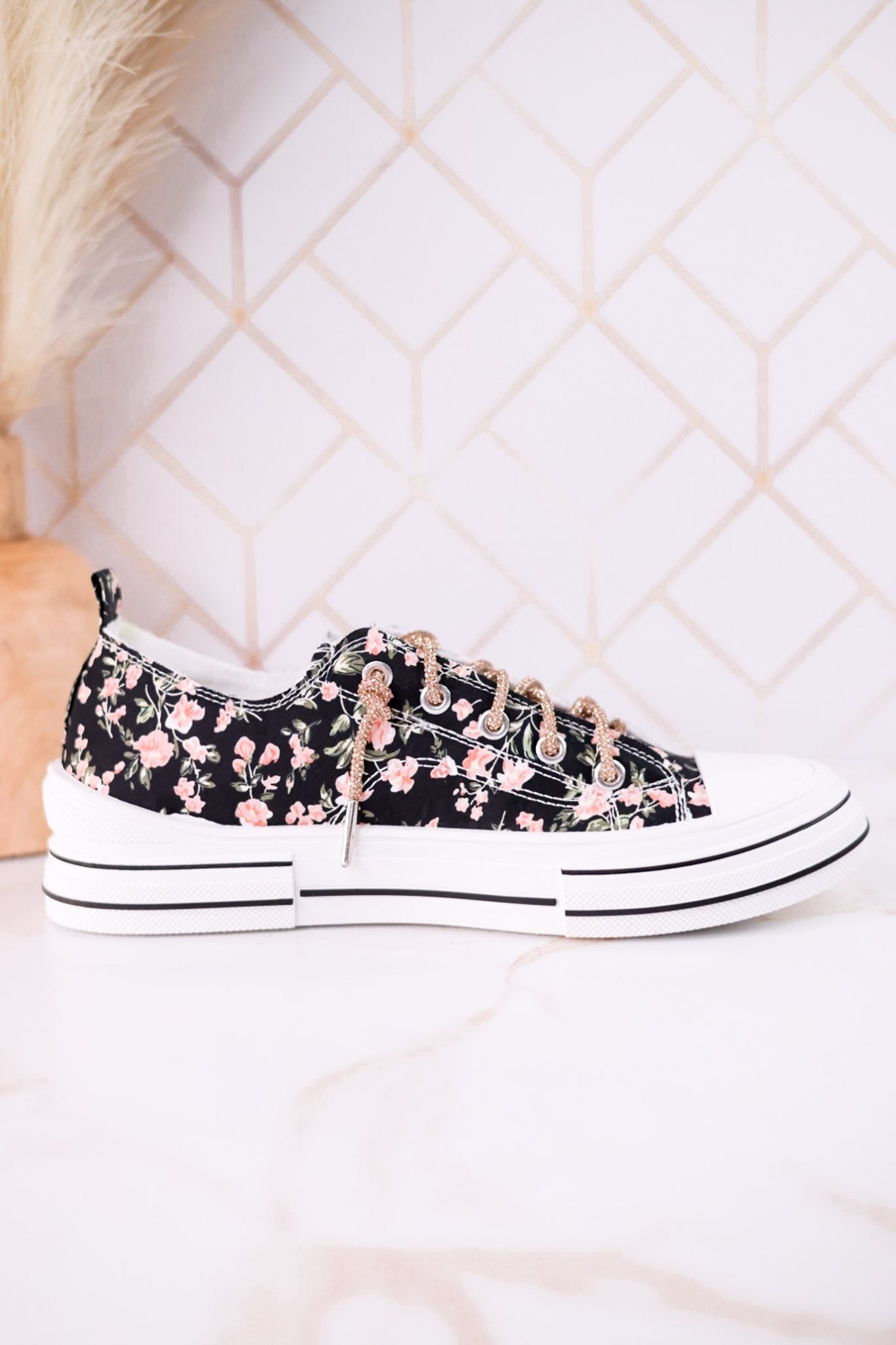 Aman Black & Pink Floral Sneakers WIth Rhinestone Laces - Whiskey Skies - VERY G